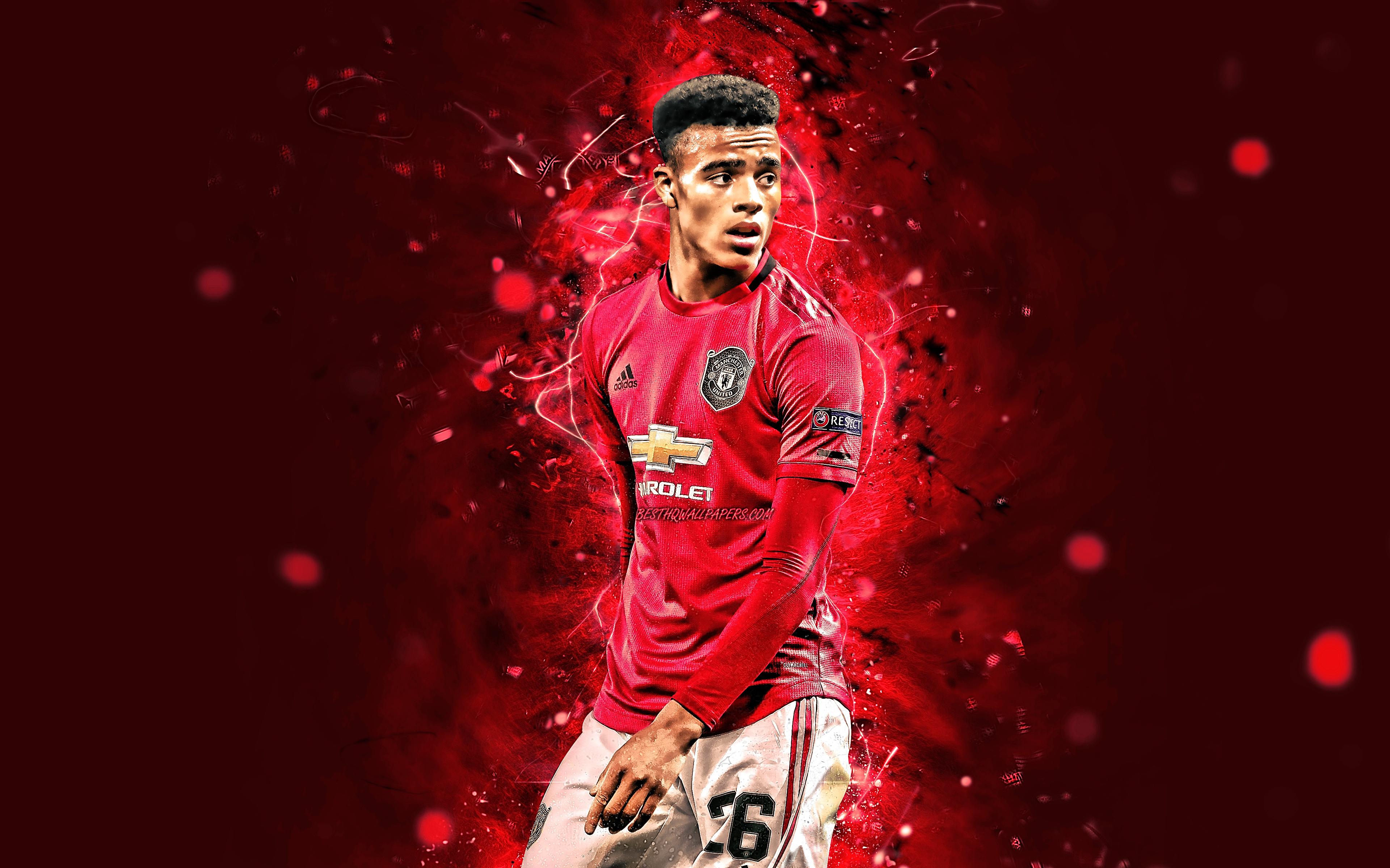 3840x2400 Download wallpaper Mason Greenwood, 4k, Manchester United FC, english footballers, football stars, Premier League, Mason Will John Greenwood, soccer, football, Man United, neon lights, Mason Greenwood 4K for desktop with resolution 3840x2400