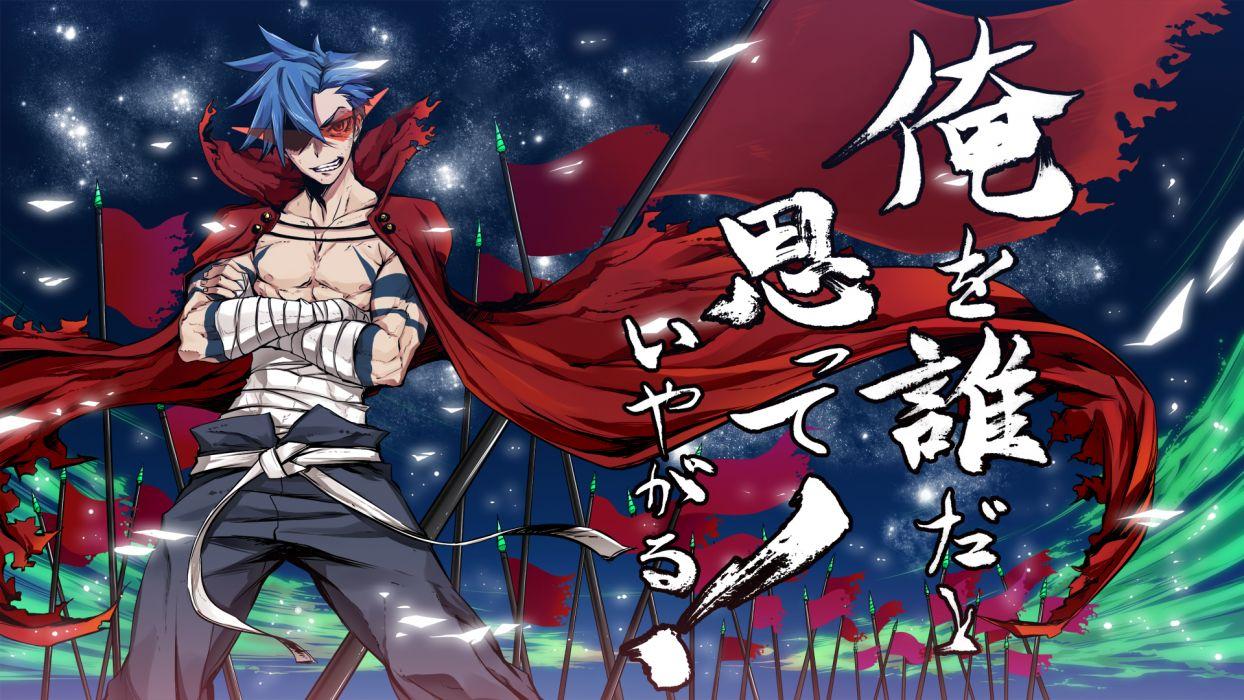 1244x700 Tengen toppa gurren lagann blue hair cape kamina male red eyes sasetsu stars tagme tattoo wallpaperx1080