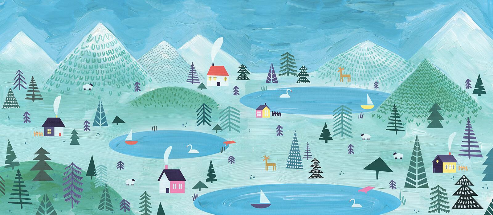 1600x700 Cartoonish illustration for textile wallpaper