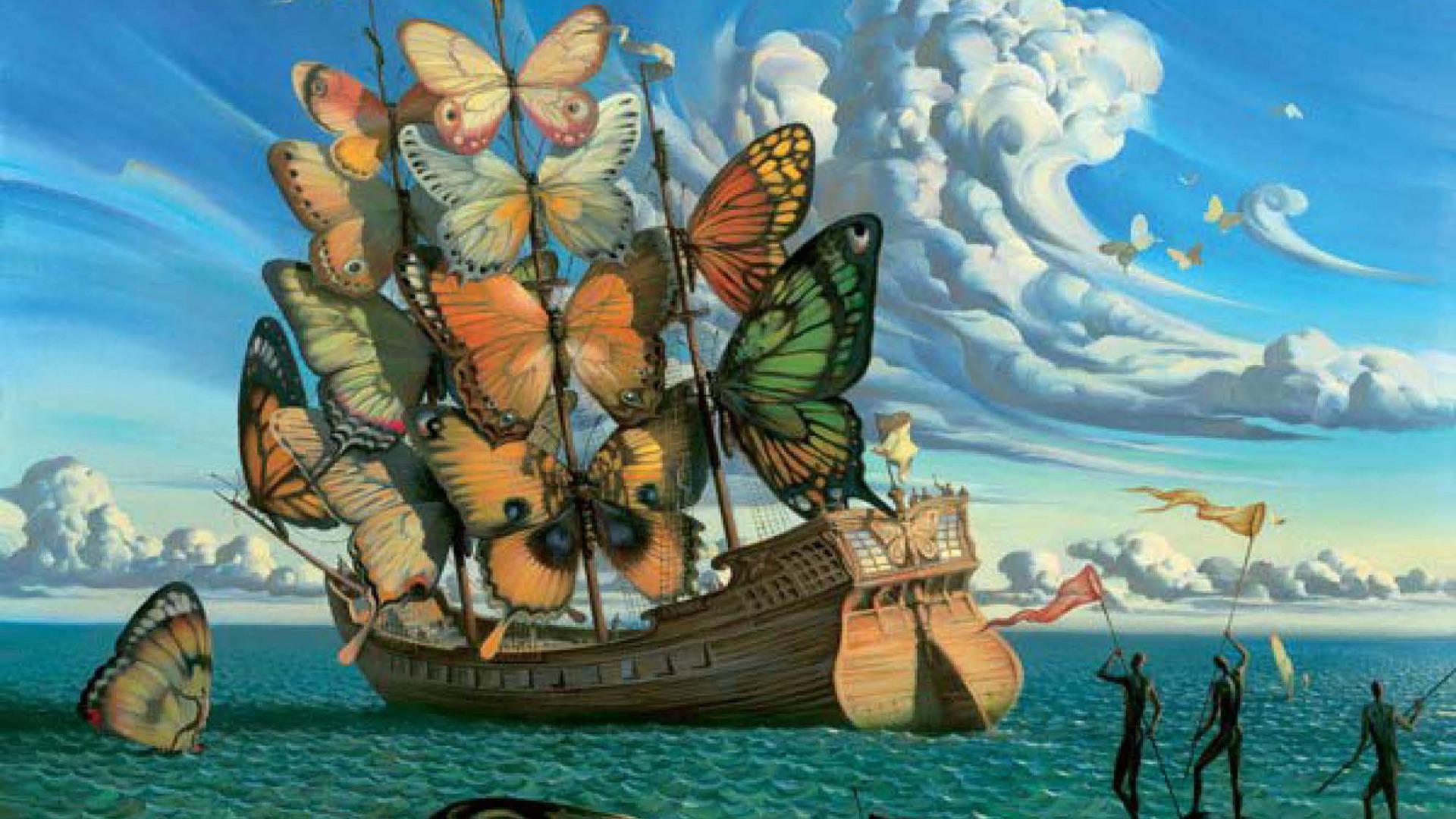 1920x1080 Download wallpaper sea, ship, Vladimir Kush Departure of the winged ship, section painting in resolution 1920x1080