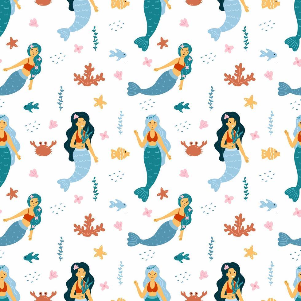 980x980 Seamless pattern with mermaid. Cute wallpaper for nursery. Marine life. Background for print on fabric. Packing paper. Princess for girl