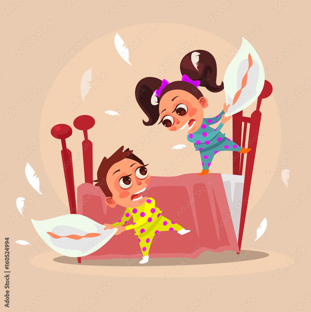 995x1000 Happy smiling little children brother boy and sister girl characters fight with pillows. Vector flat cartoon illustration Stock Vector
