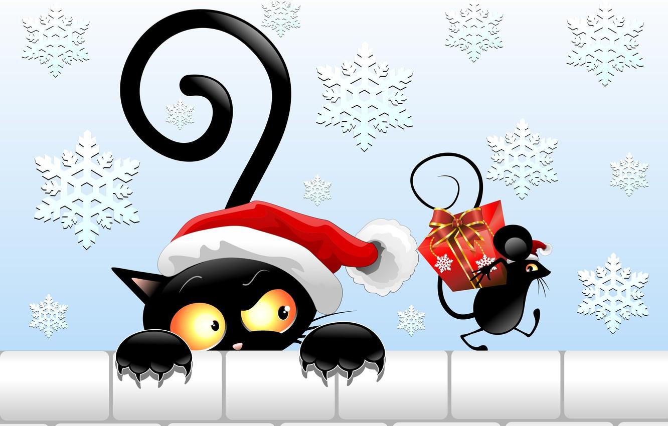 1332x850 Wallpaper look, gift, hat, new year, vector, mouse, tail, black cat image for desktop, section кошки