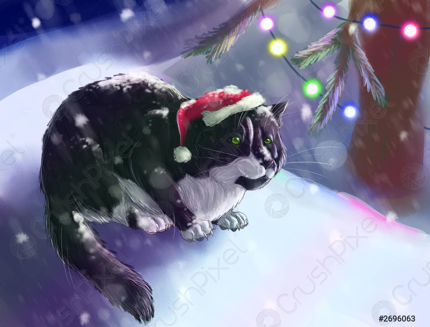 1500x1141 Christmas card with black cat in the hat sitting in