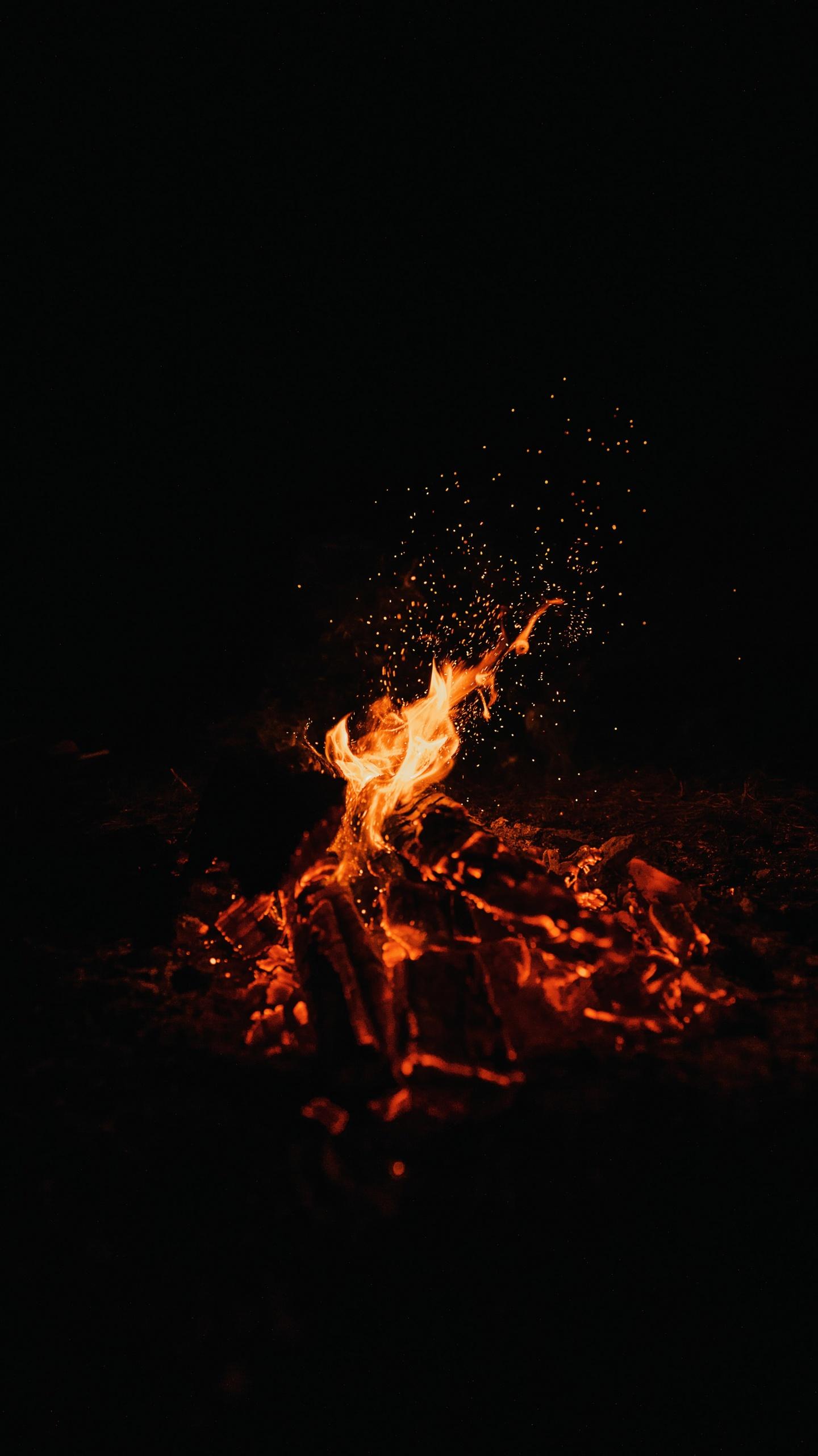 1440x2560 Bonfire Wallpaper 4K, Dark, Black background, Campfire, Flame, Photography