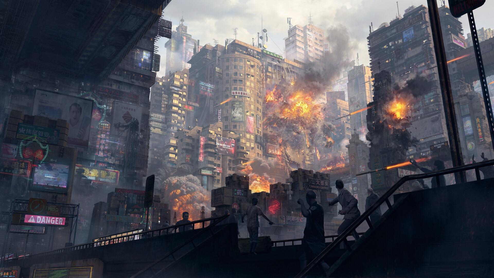 1920x1080 Cyberpunk Artwork Futuristic City War Explosion Wallpaper:1920x1080