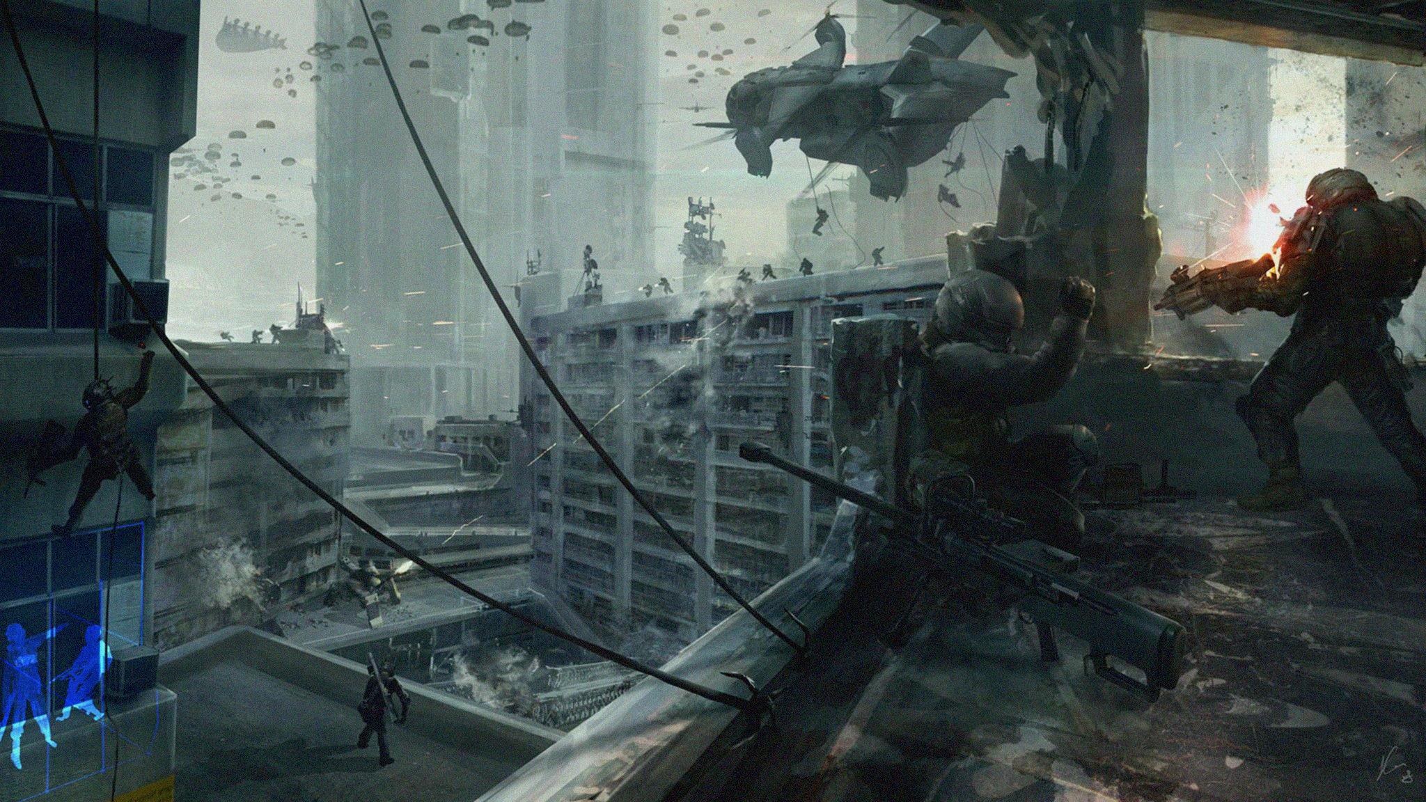 2048x1152 War Helicopter Soldier World War Fantasy Cities Army Sci Fi Warrior Battle Apocalyptic Art Artwork City Wallpaperx1152