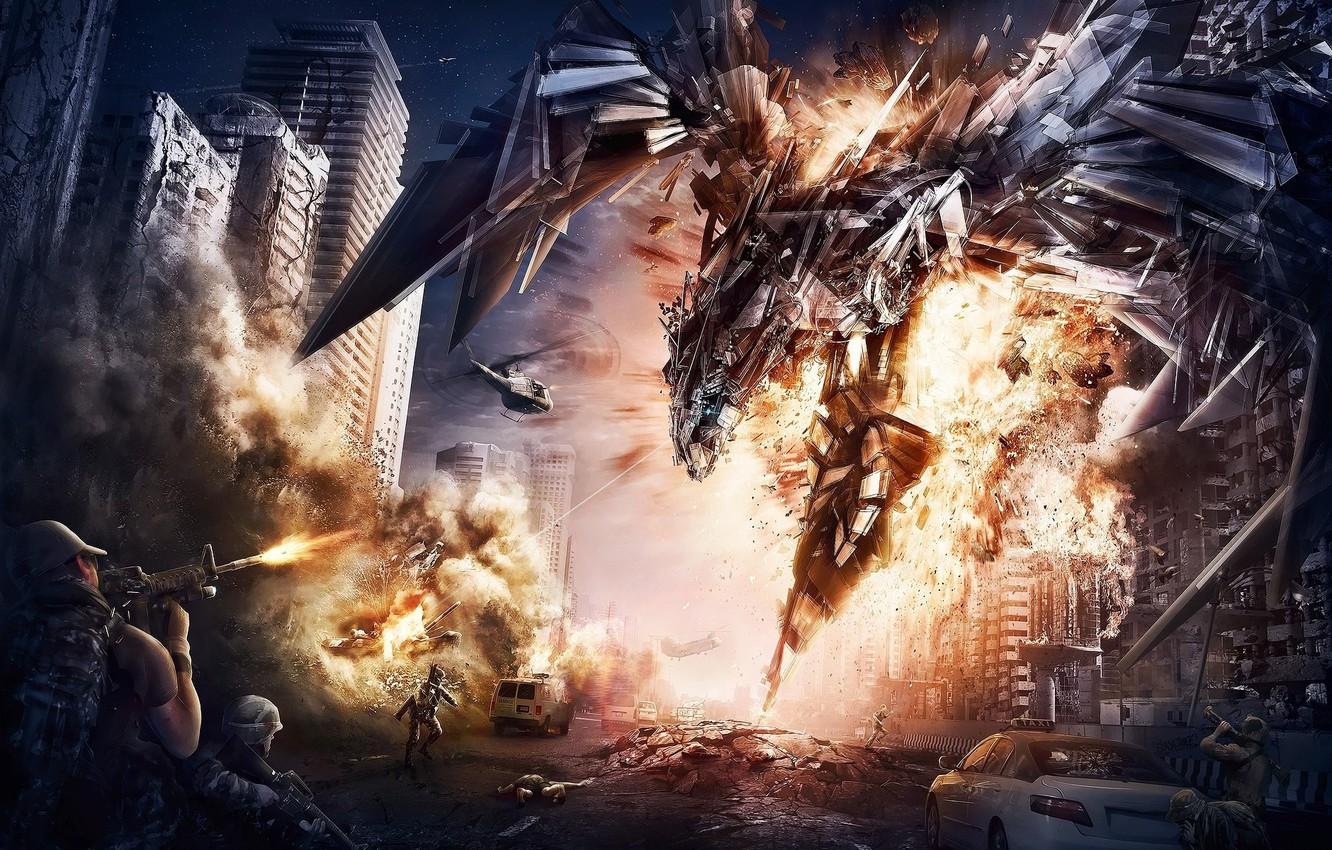 1332x850 Wallpaper city, cinema, gun, robot, soldier, mecha, weapon, war, movie, Transformers, M4A film, rifle, AR Transformers AT4 image for desktop, section фантастика