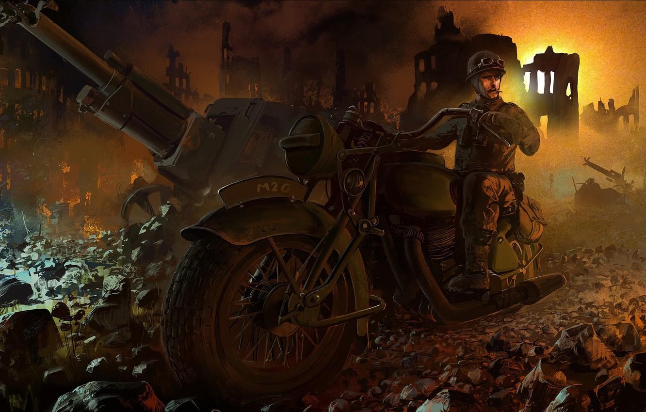 1332x850 Wallpaper the city, war, art, racer, as, destroyed, scout, Ghost, gun, WW2., part, Scout, racing, motorcycle, BSA M British image for desktop, section живопись