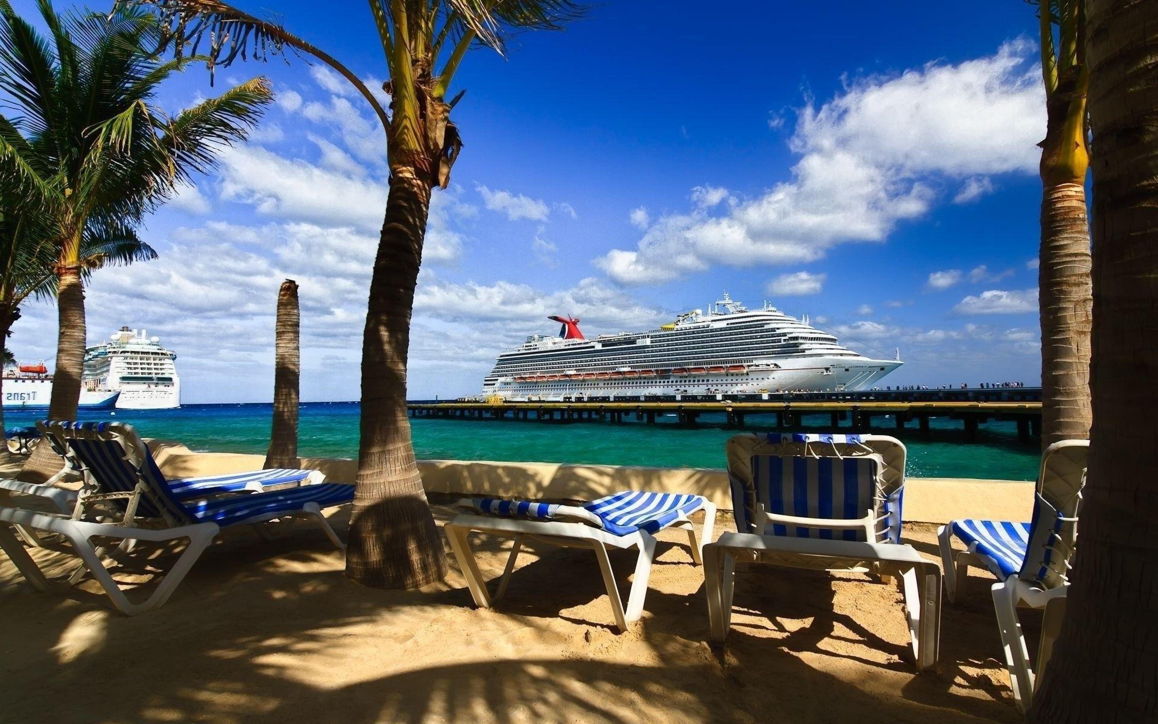 3840x2400 Beaches Sky Cloud Cruise ship Ocean Sand Palm Cruise Ship HD