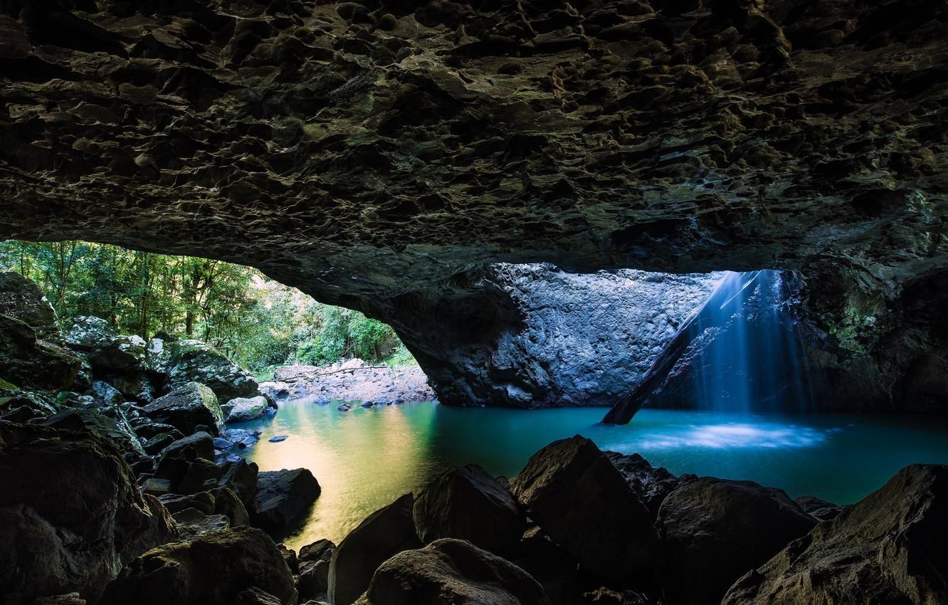 1332x850 Wallpaper rock, trees, nature, water, lake, Cave, natural light image for desktop, section природа