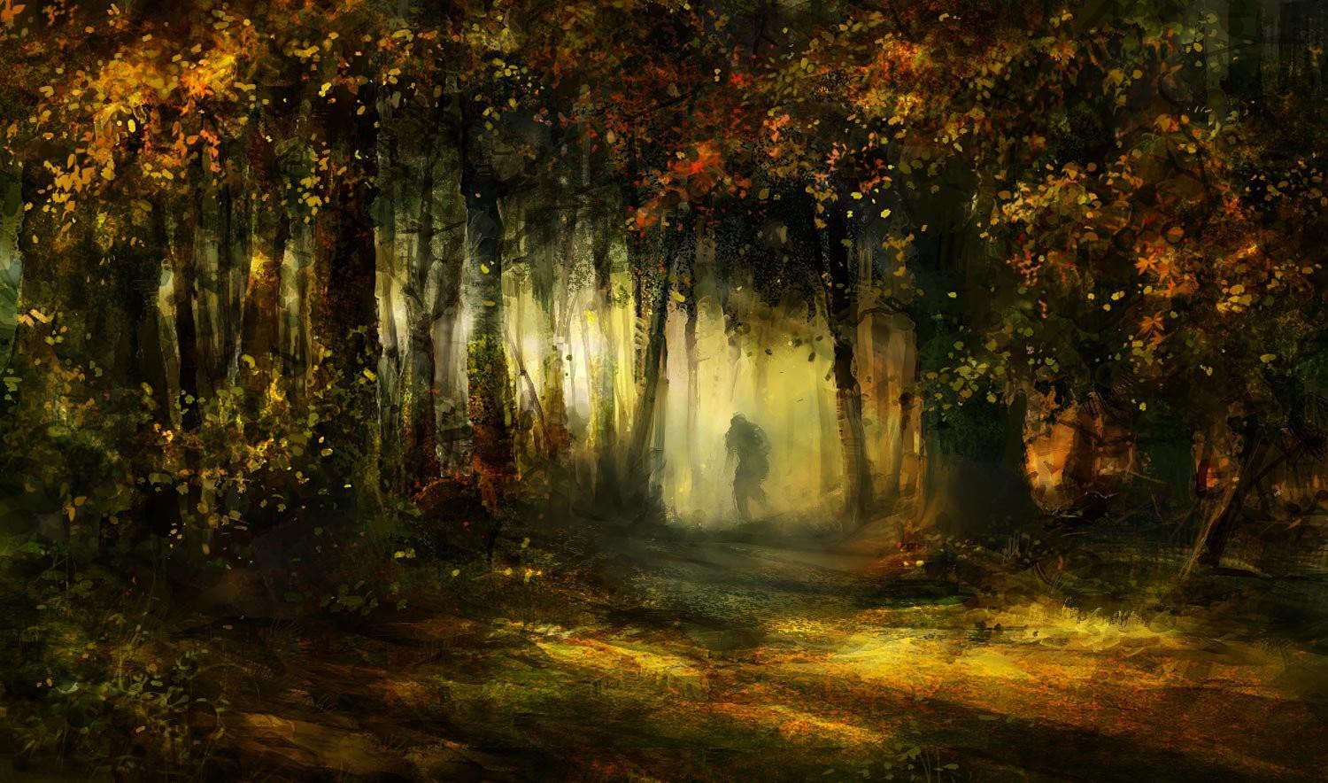1500x884 forest, Drawing, Fall, Leaves Wallpaper HD / Desktop and Mobile Background