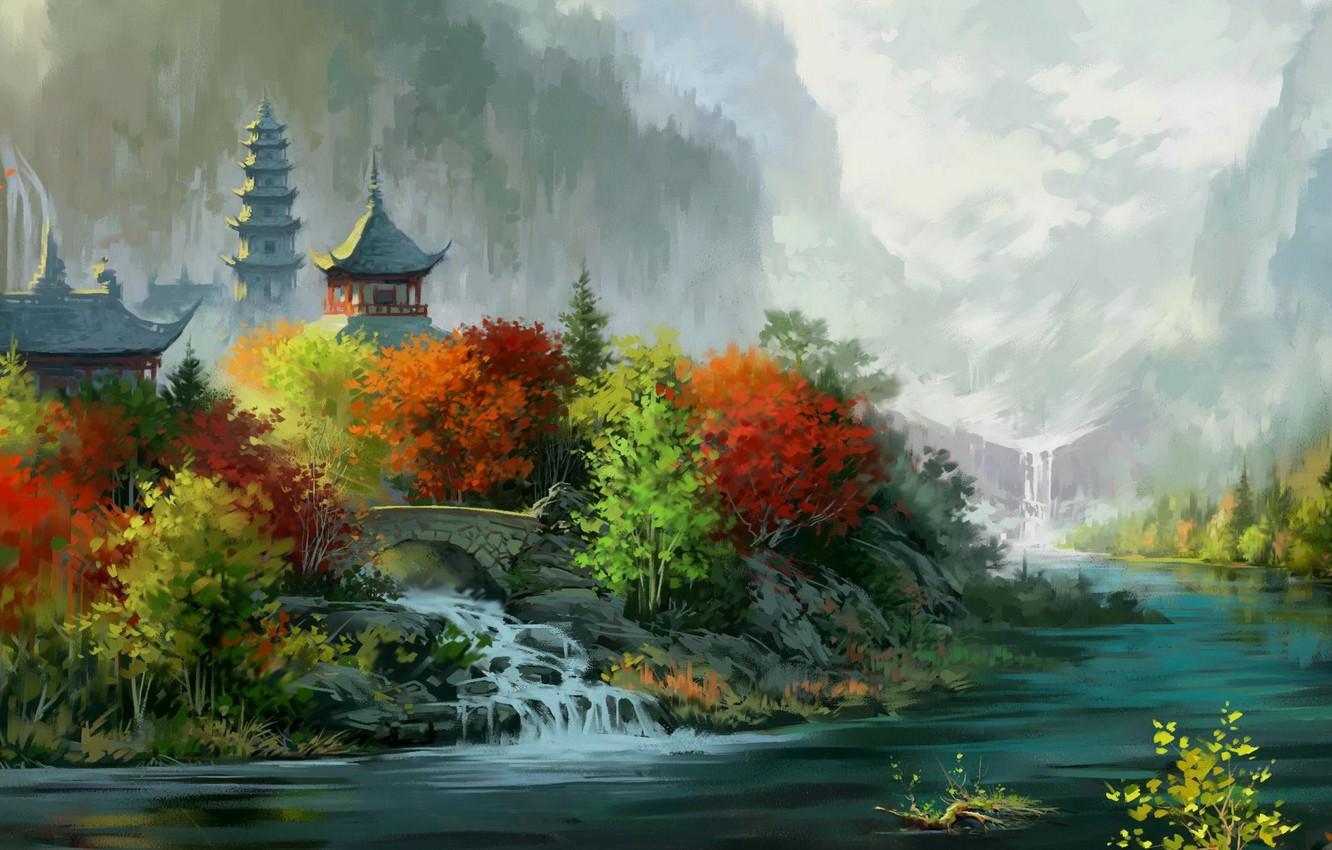 1332x850 Wallpaper autumn, lake, the world, home, river, Fantastic, drawing image for desktop, section пейзажи