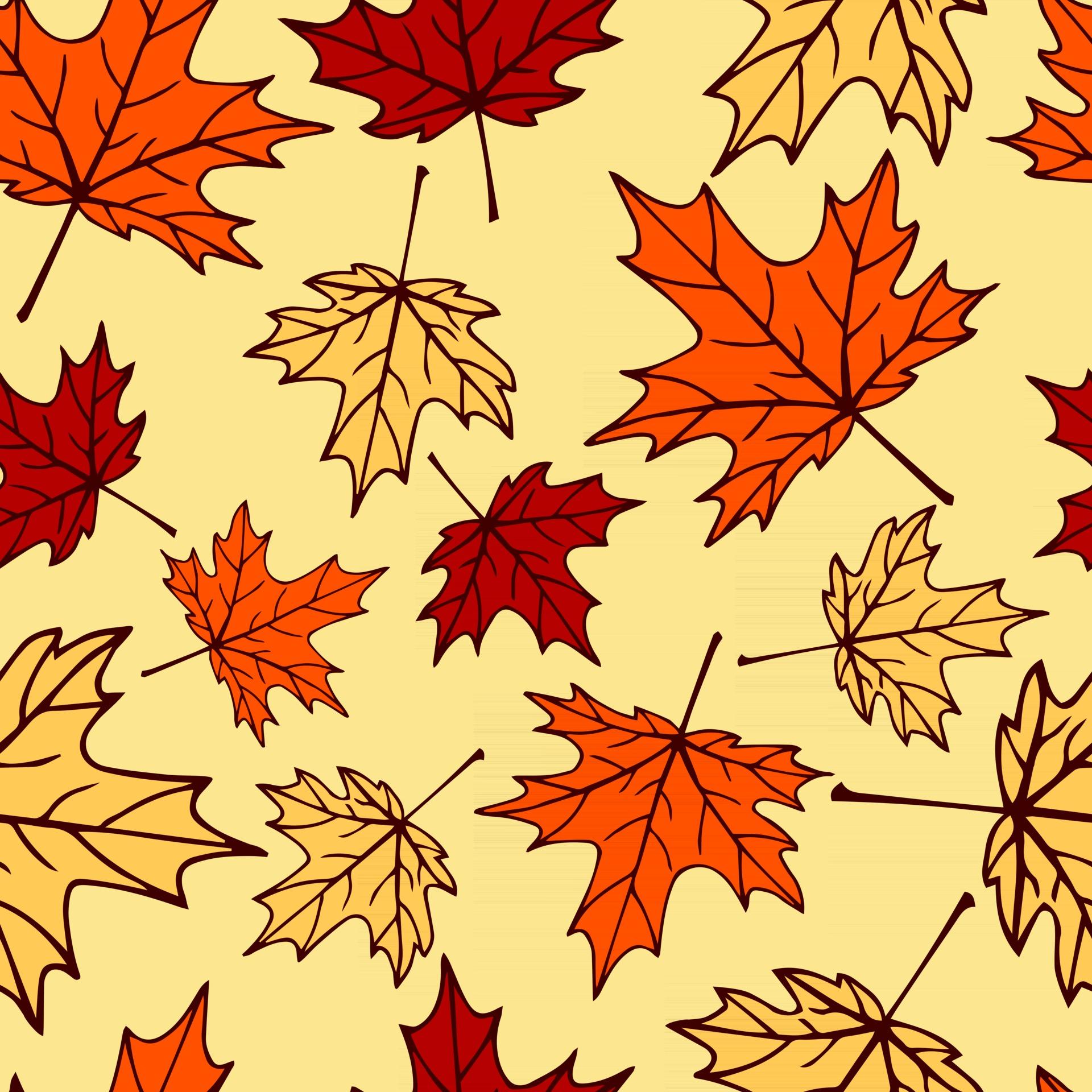 1920x1920 Seamless pattern with autumn maple leaves in orange, beige, brown colors. Perfect for wallpaper, gift paper, drawing fill, web page background, autumn greeting cards