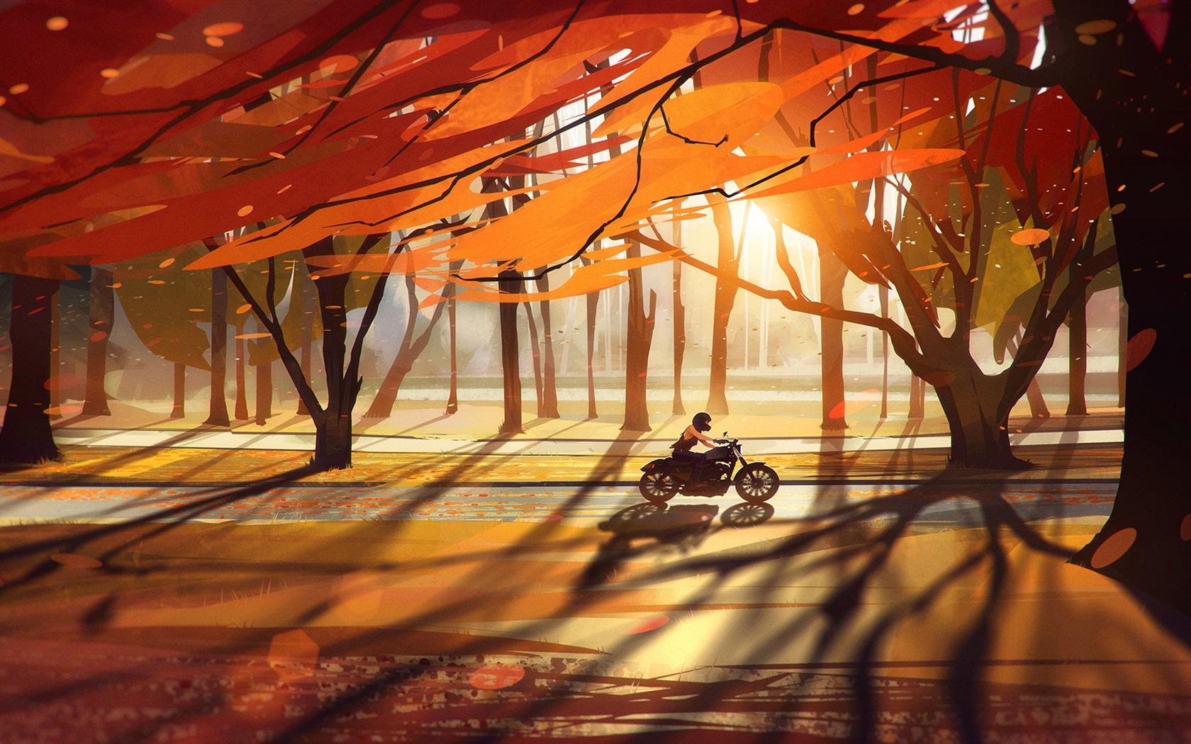 1680x1050 Wallpaper Autumn, trees, forest, motorcycle, leaves, road, sun rays, art drawing 1920x1080 Full HD 2K Picture, Image