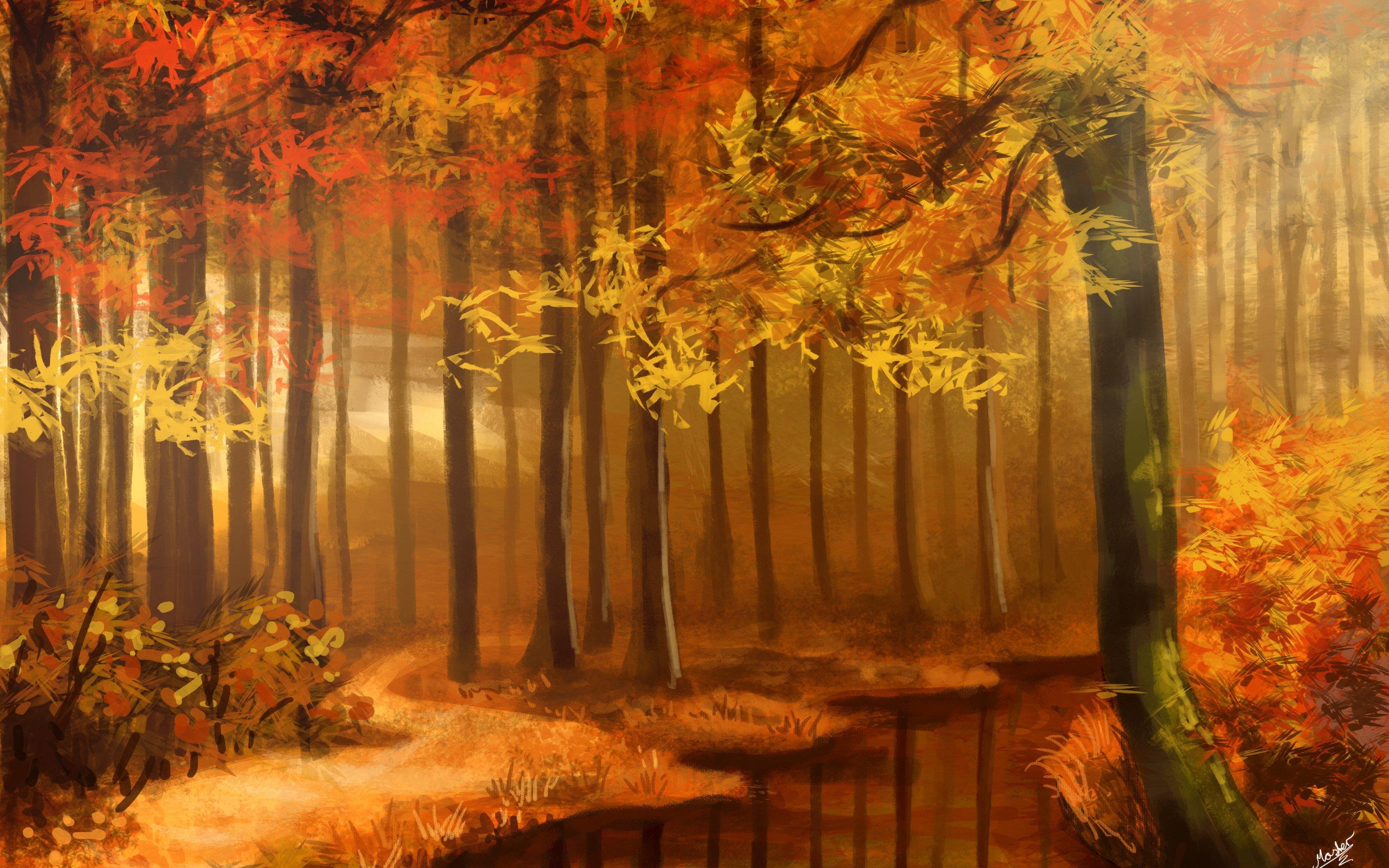 2880x1800 art, Autumn, Forest, Autumn, Forest, Nature, Art, Sunimo, Drawing Wallpaper HD / Desktop and Mobile Background