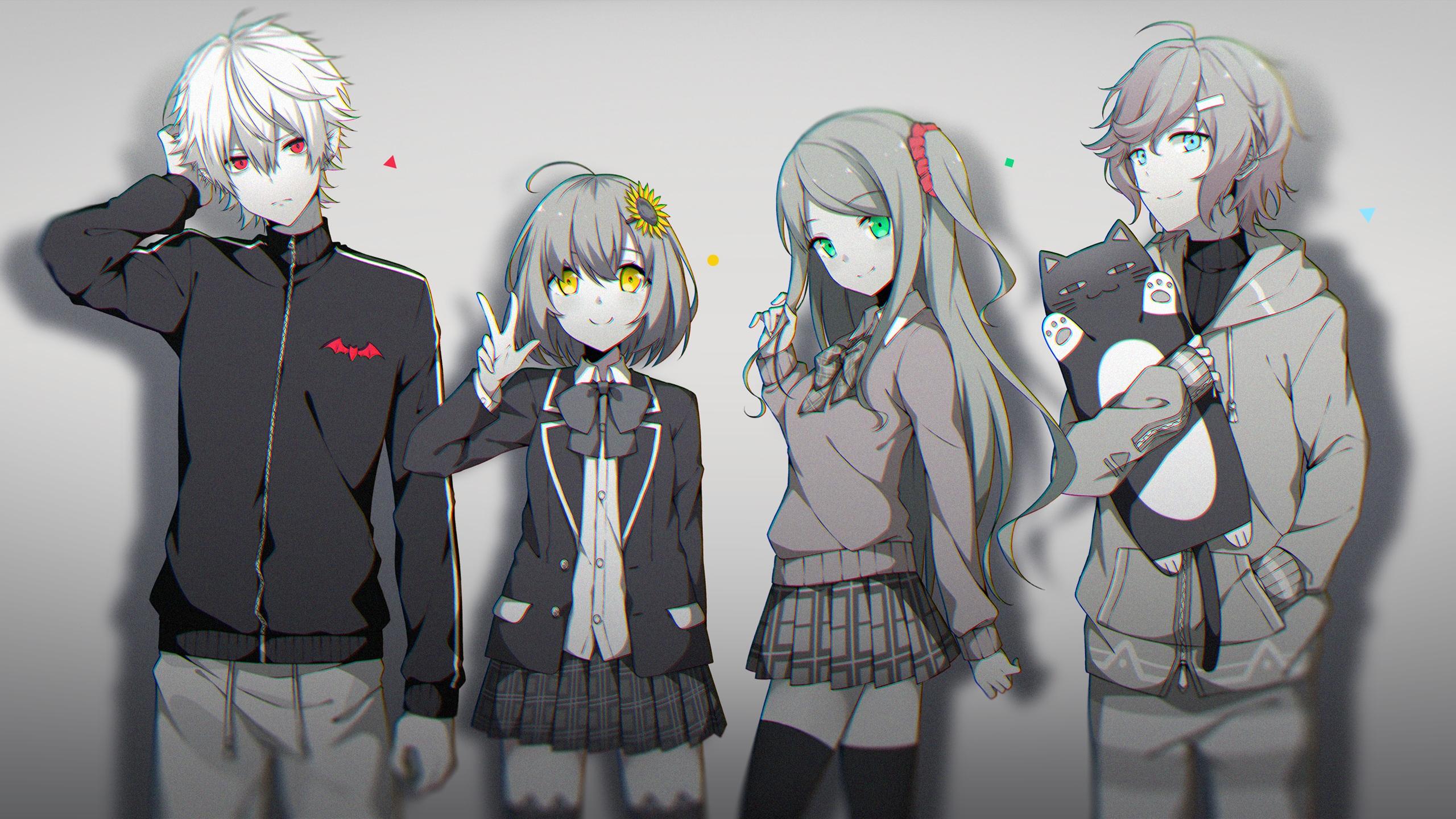 2560x1440 taiyaki nijisanji akabane youko honma himawari kanae (nijisanji) kuzuha (nijisanji) monochrome neko seifuku sweater thighhighs wallpaper