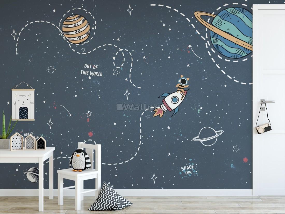 1100x825 Kids Shining Cartoon Space with White Stripe Wallpaper Mural • Wallmur®