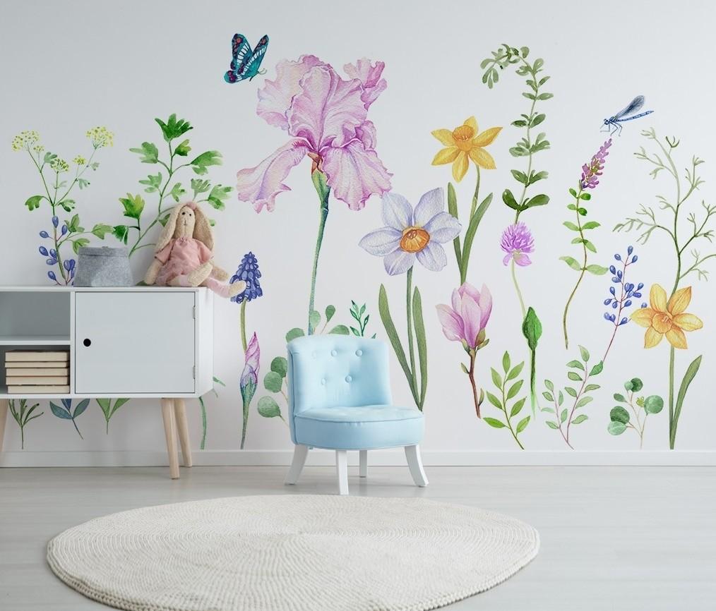 1014x866 Cartoon Colorful Flower Garden Wallpaper Mural • Wallmur®