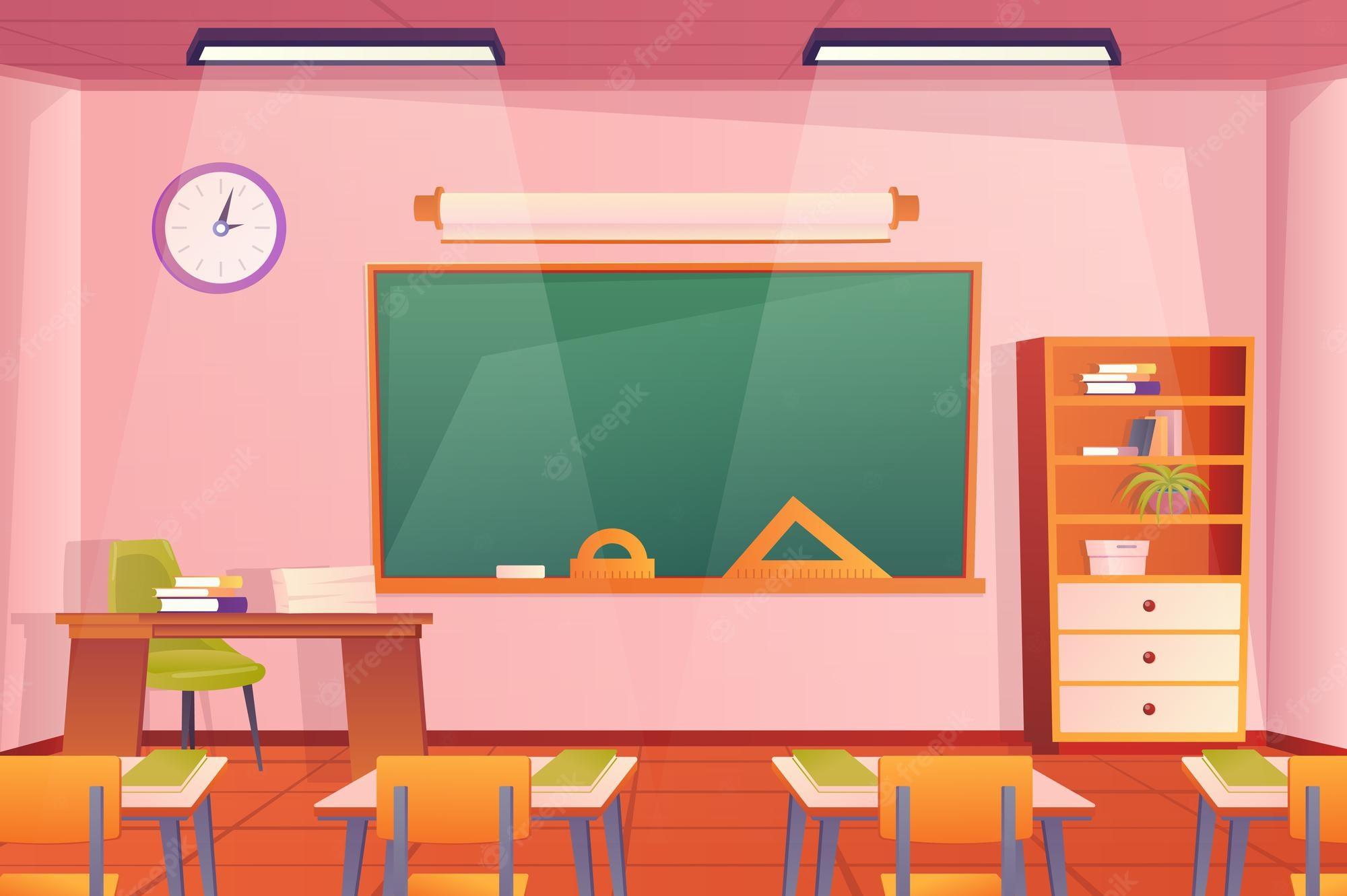 2000x1331 Premium Vector. School classroom interior concept in flat cartoon design room and furniture wallpaper class