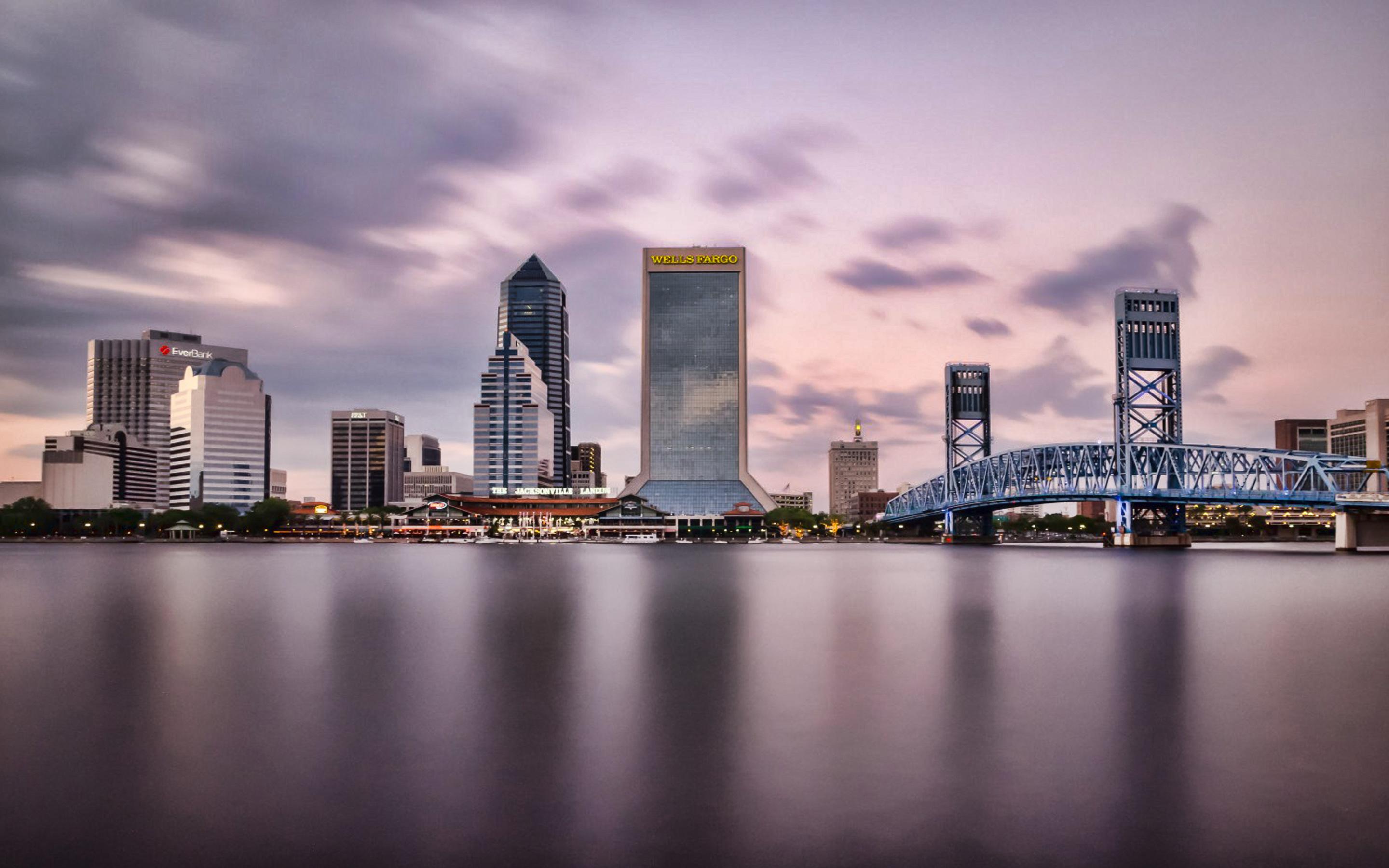 2880x1800 Download wallpaper Jacksonville, Florida, Wells Fargo Center, Bank of America Tower, Barnett Center, Jacksonville Skyline, evening, sunset, Jacksonville cityscape, USA for desktop with resolution 2880x1800. High Quality HD picture wallpaper