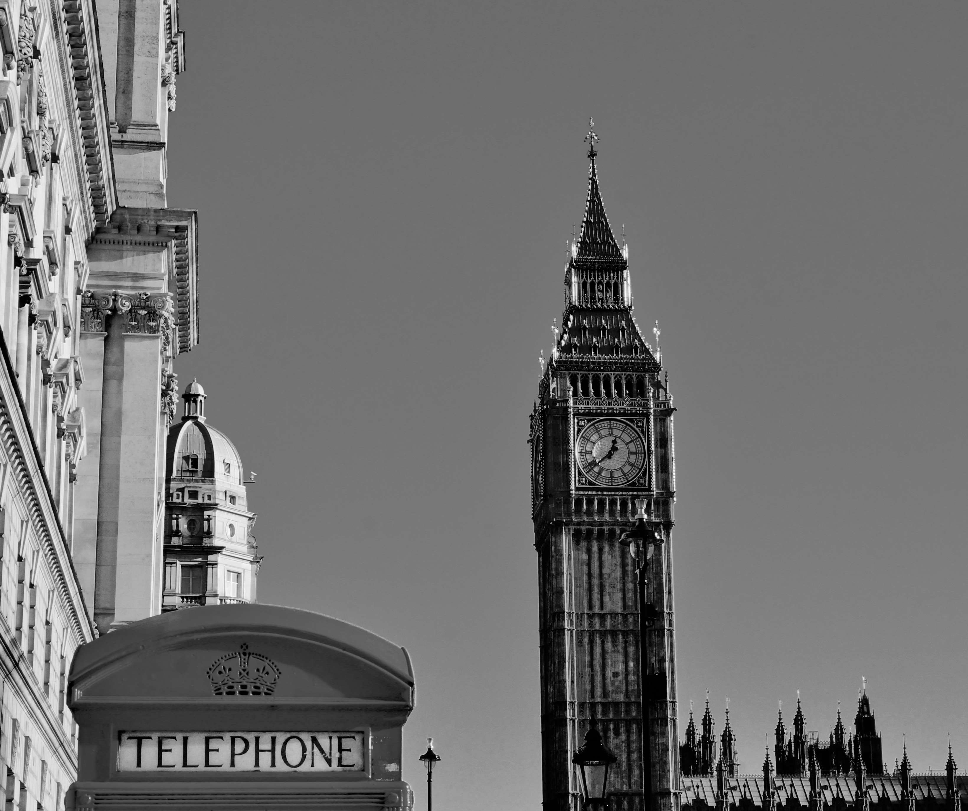3280x2748 ancient, architecture, big ben, black and white, city, clock, clock tower, landmark, london, monochrome, sky, street, telephone booth, tower, travel, vintage wallpaper Gallery HD Wallpaper