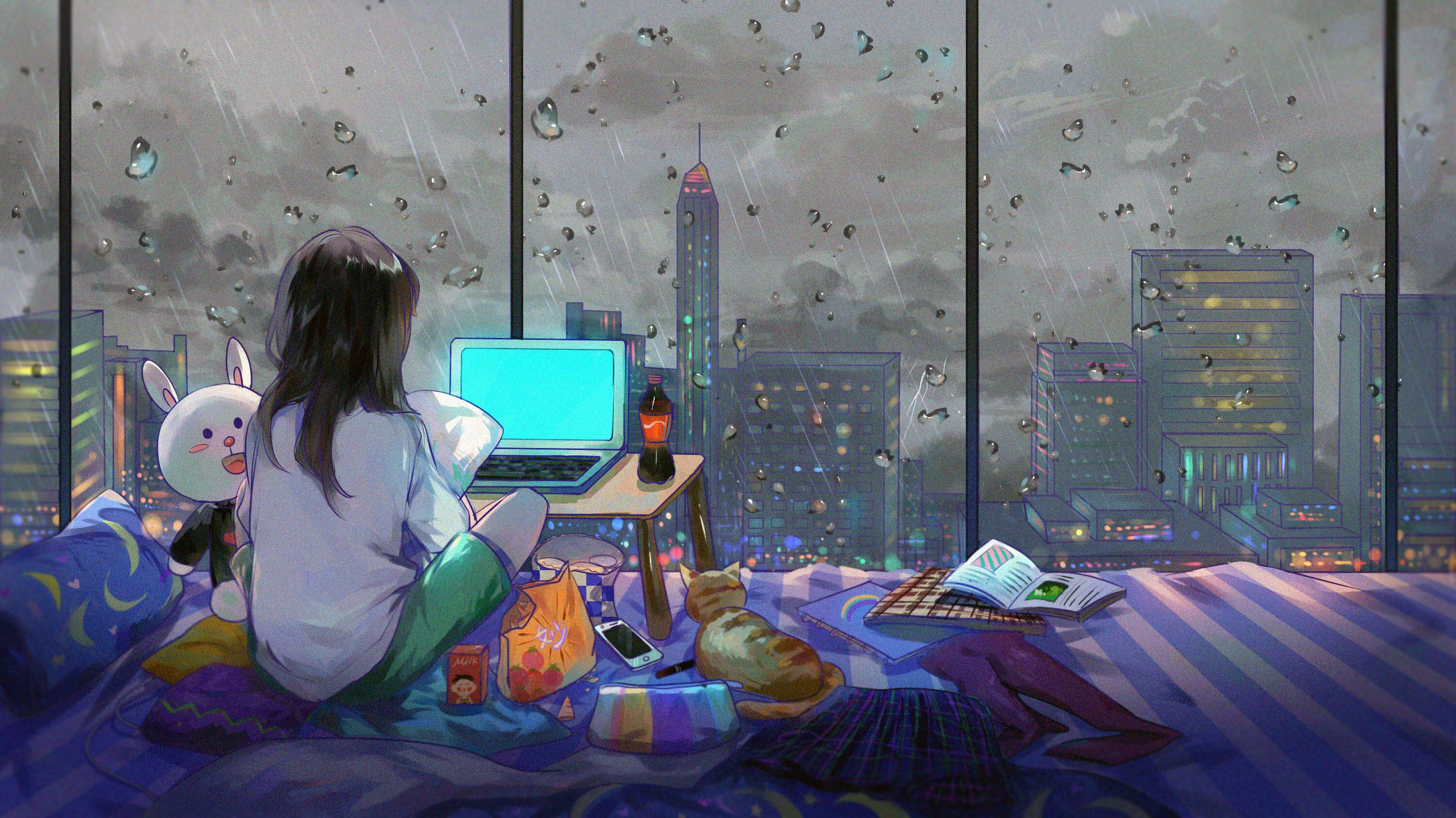 3000x1687 Anime Girl Room City Cat iPhone 6s, 6 Plus, Pixel xl , One Plus 3t, 5 HD 4k Wallpaper, Image, Background, Photo and Picture