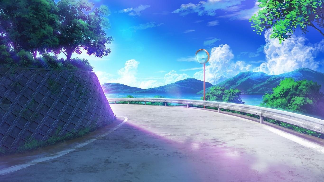 1366x768 Wallpaper / anime, 2D, artwork, digital art, moescape, clouds, trees, sky, mountains, mirror, Nobody, summer, colorful free download