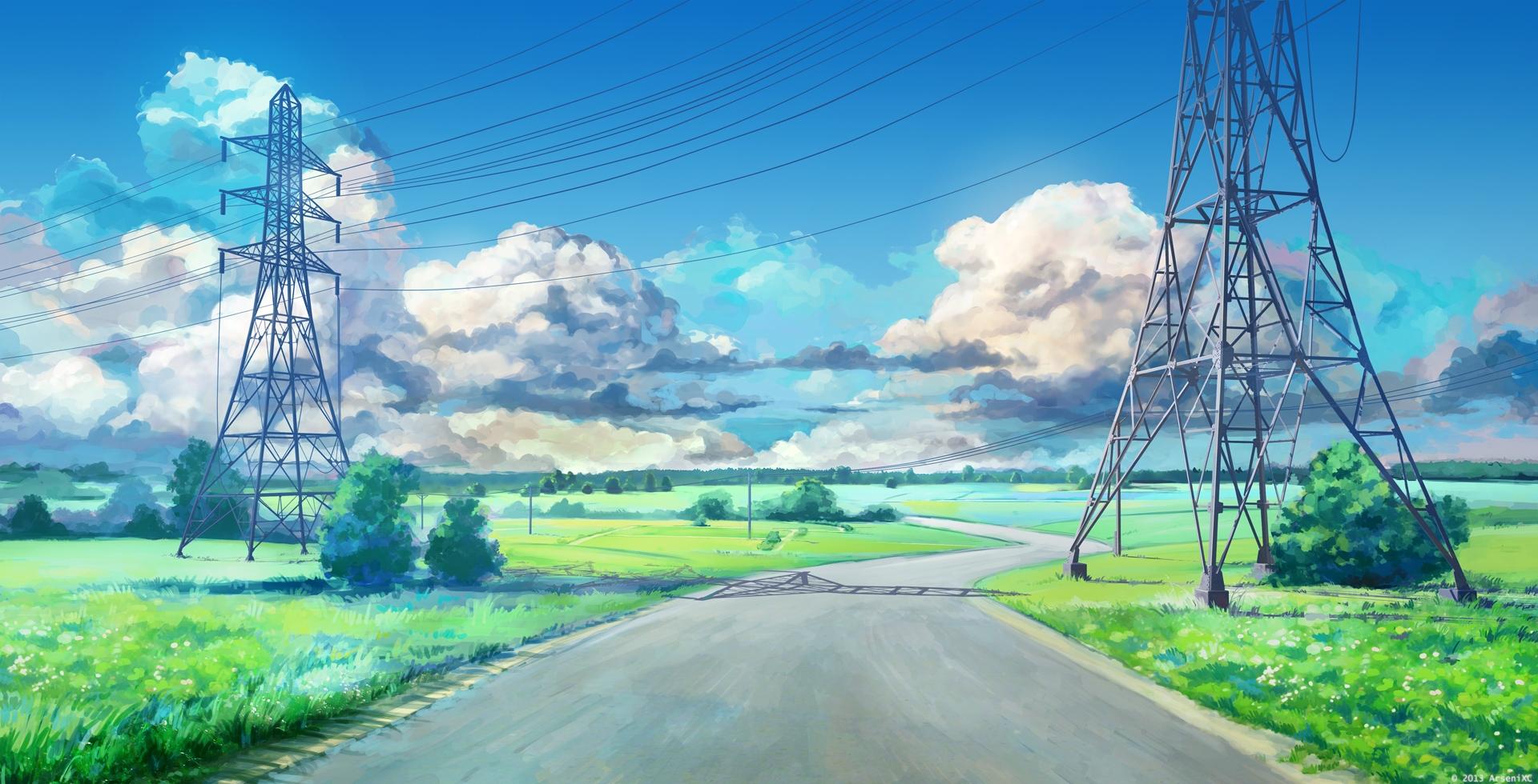1920x980 Download 1920x1080 Anime Landscape, Clouds, Grass, Field, Scenic, Summer Wallpaper for Widescreen
