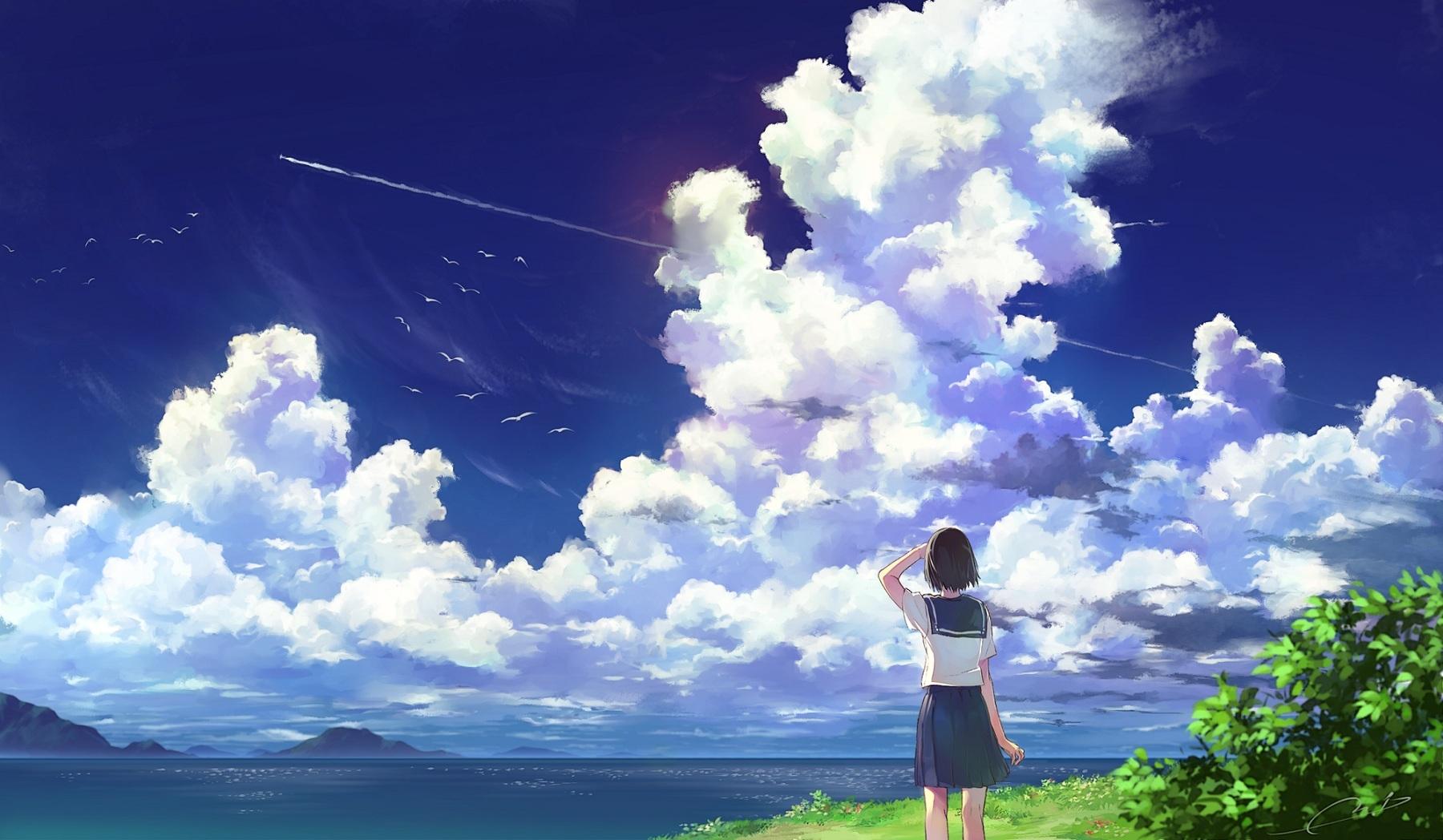 1800x1048 Download 1920x1080 Anime School Girl, Anime Landscape, Clouds, Scenic, Summer Wallpaper for Widescreen