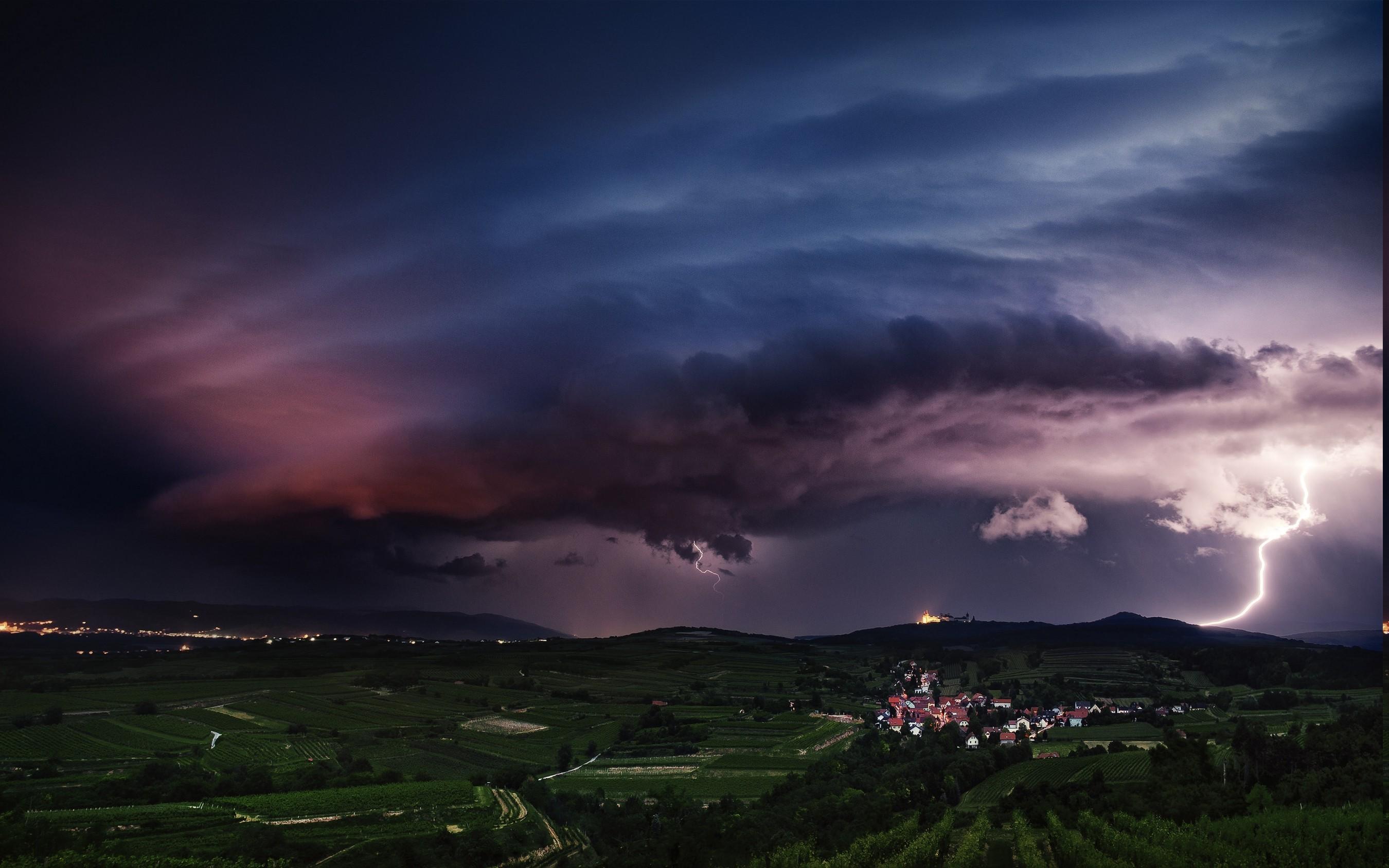 2700x1688 Free Download lightning sunset storm clouds sky austria nature landscape field village lights wallpaper full HD (1080p)