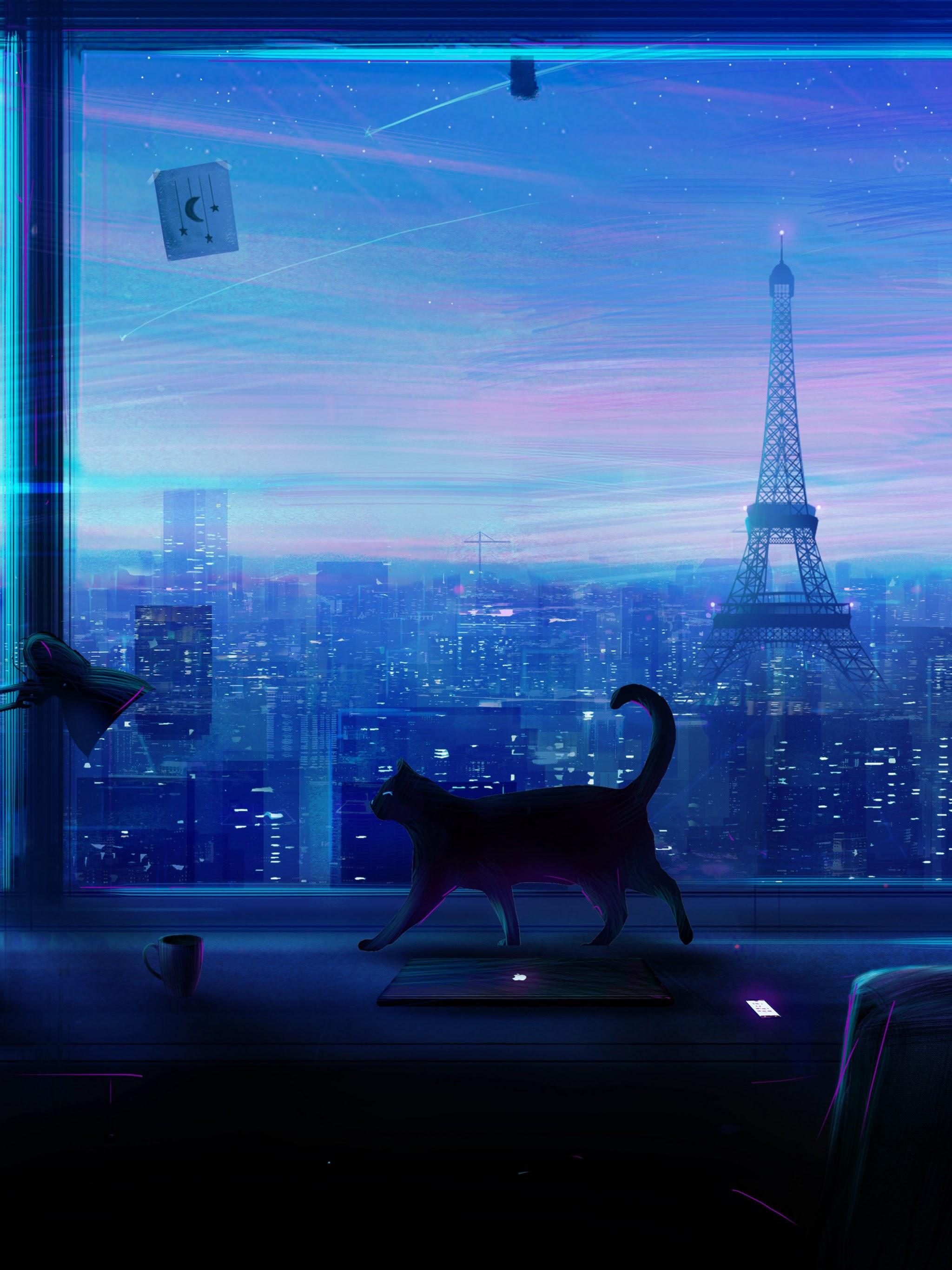 2048x2732 Cat City Night Scenery Anime 4K Wallpaper