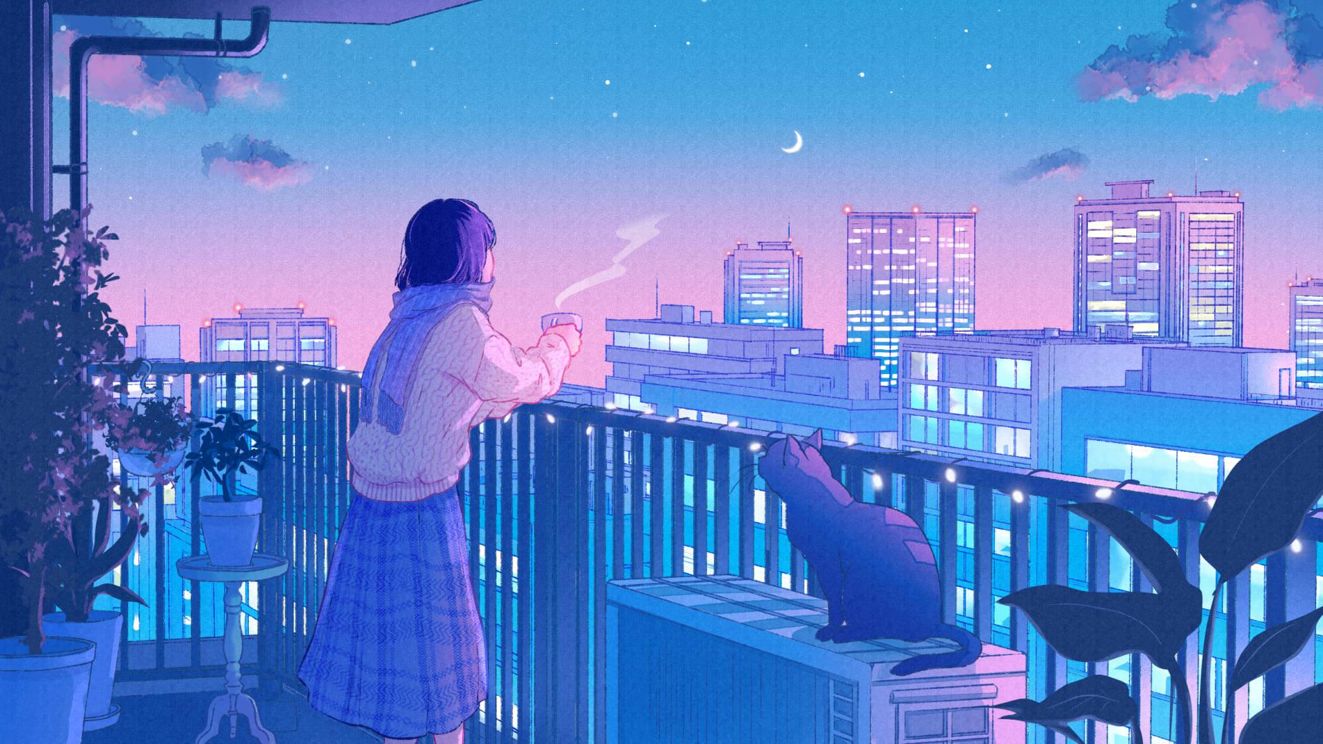 1920x1080 City Lights Anime Cat Wallpaper