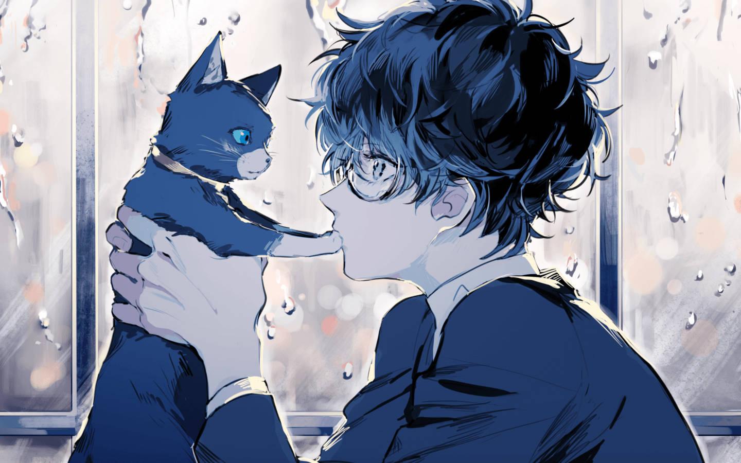 1440x900 Download Cute Anime Guy And Blue Cat Wallpaper