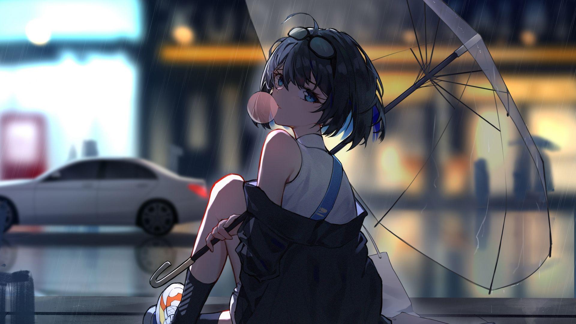 1920x1080 Anime Girl In Rain Wallpaper