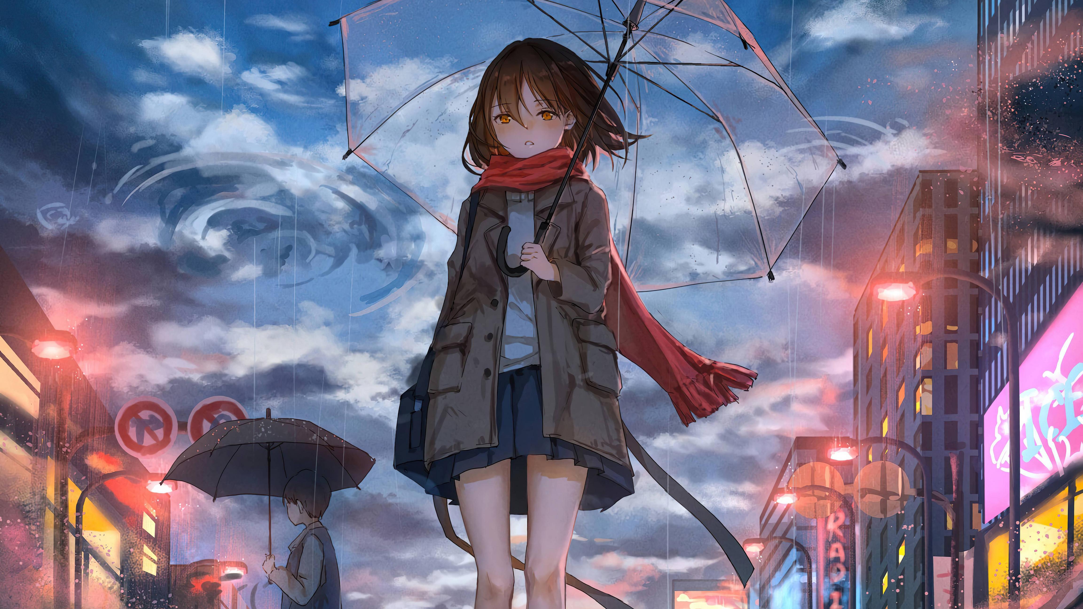4608x2592 Anime Girl Rain Umbrella Wind 5k, HD Anime, 4k Wallpaper, Image, Background, Photo and Picture