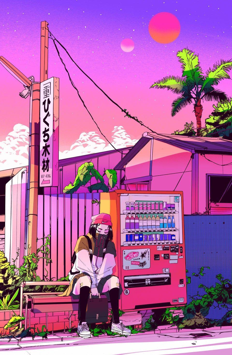 960x1466 Vaporwave Anime Retro Aesthetic Poster 80s Mask Girl Wallpaper Painting Wall Art Decoration Kawaii Room Decor Canvas Poster & Calligraphy