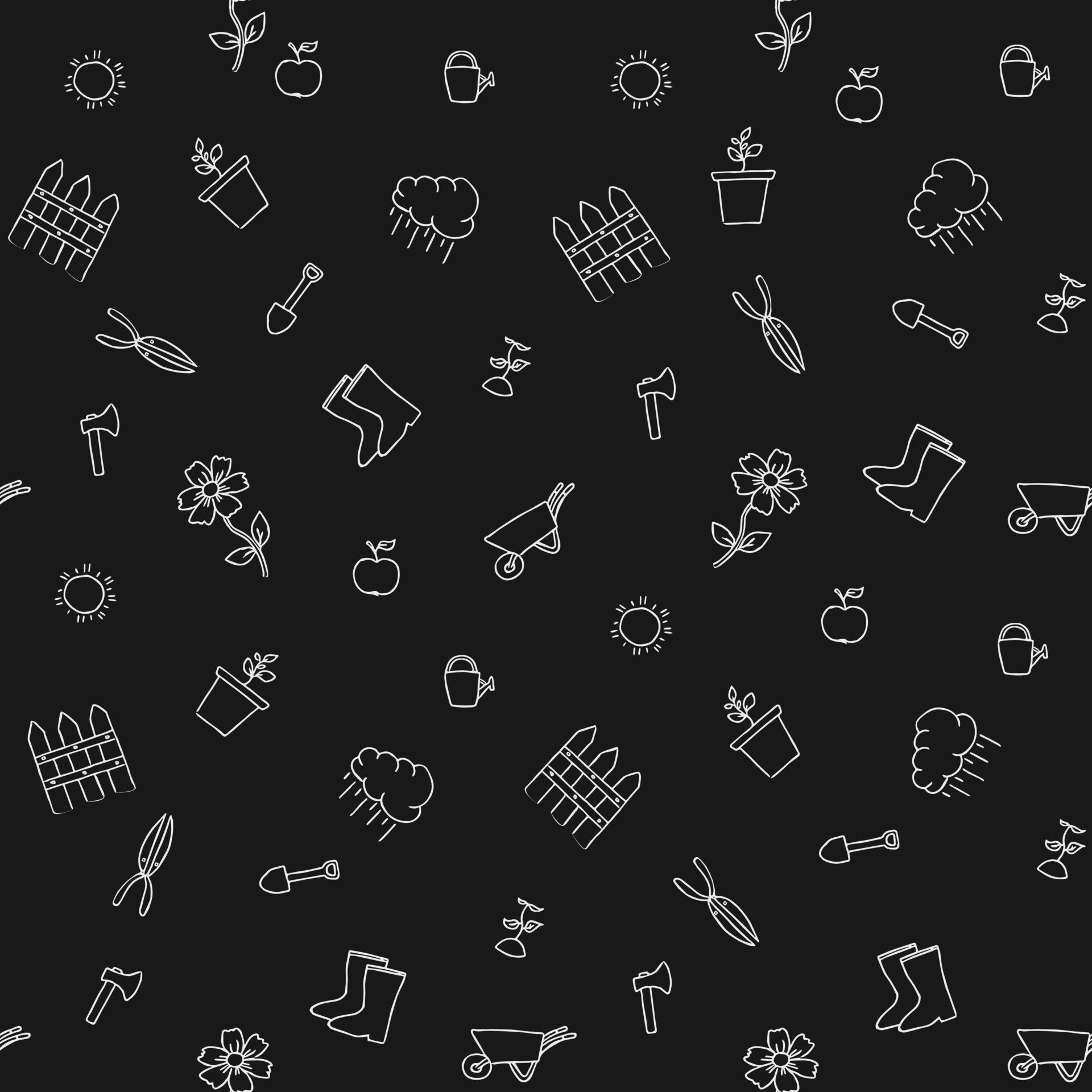 1920x1920 seamless gardening pattern. Doodle vector with gardening icons. Vintage gardening icons on dark background