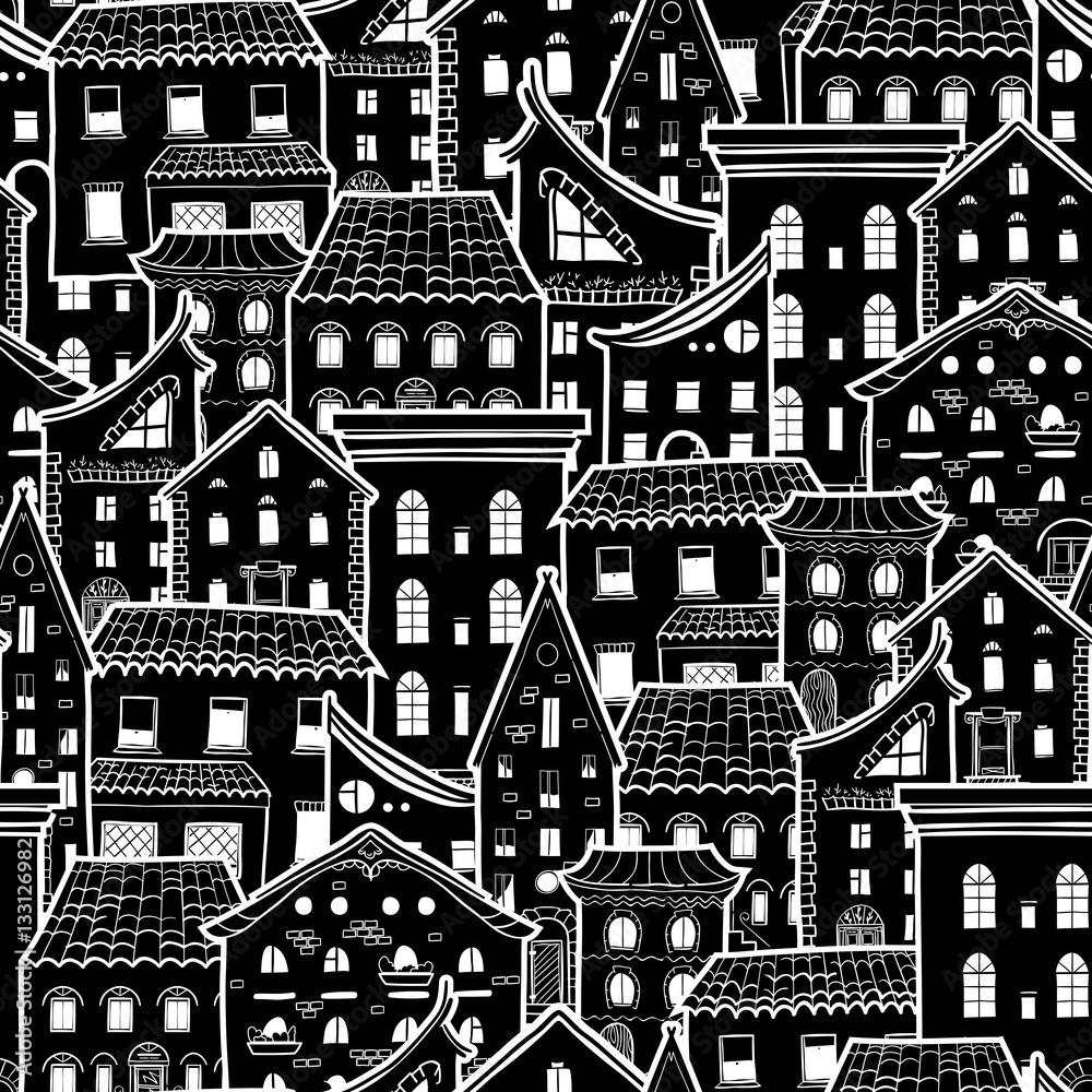 1000x1000 Dark seamless pattern with houses, doodle house vector background, monochrome house wallpaper, good for design fabric, wrapping paper, postcards, EPS 8 Stock Vector
