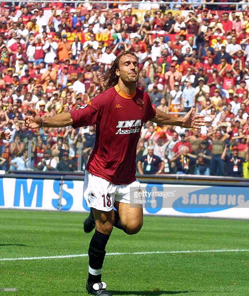 860x1024 Gabriel Batistuta of Roma celebrates Montella's goal during the Serie. Gabriel batistuta, Best football players, Football players
