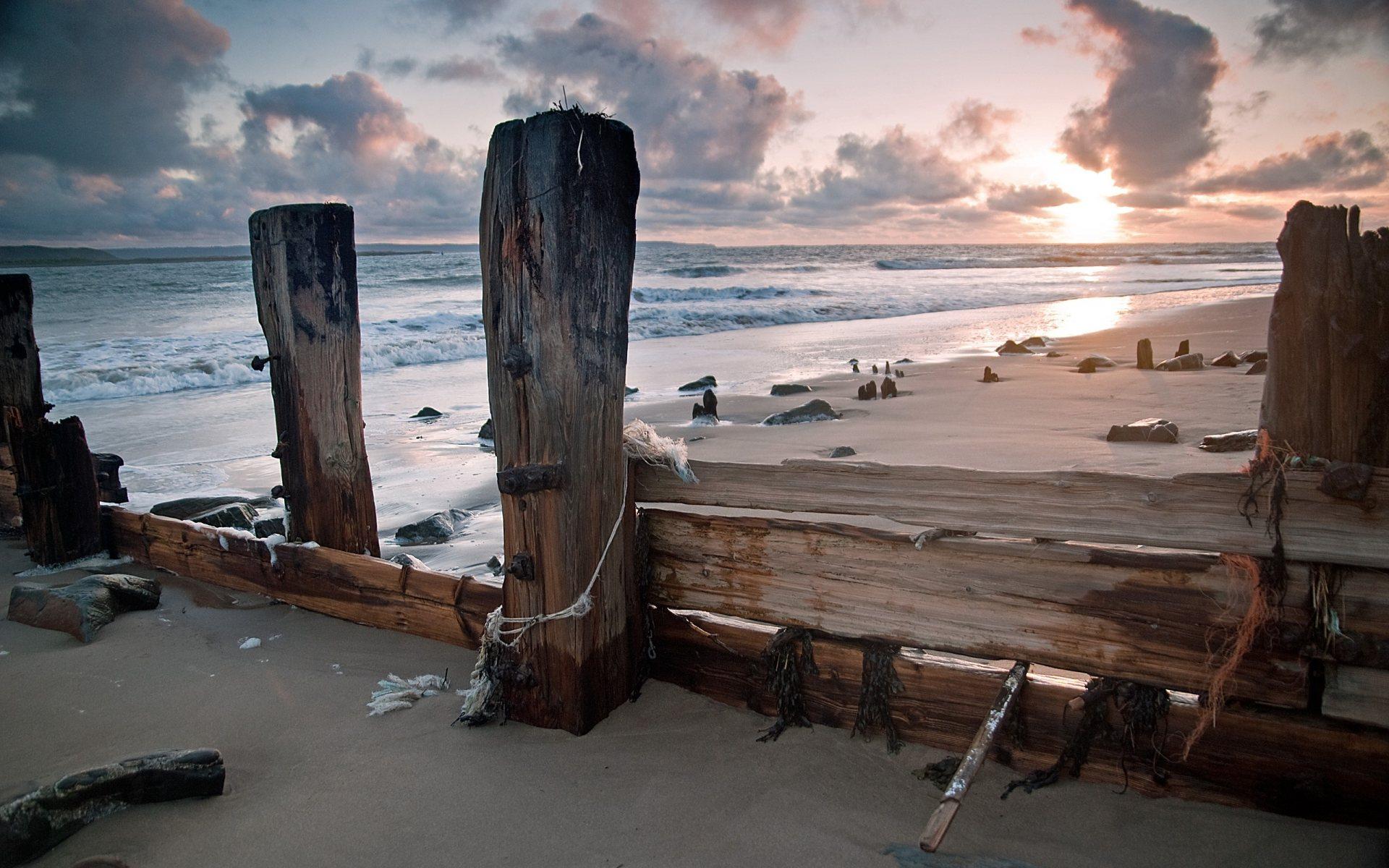 1920x1200 Ocean Waves Wood Sunset Sunrise - [1920 x 1200]