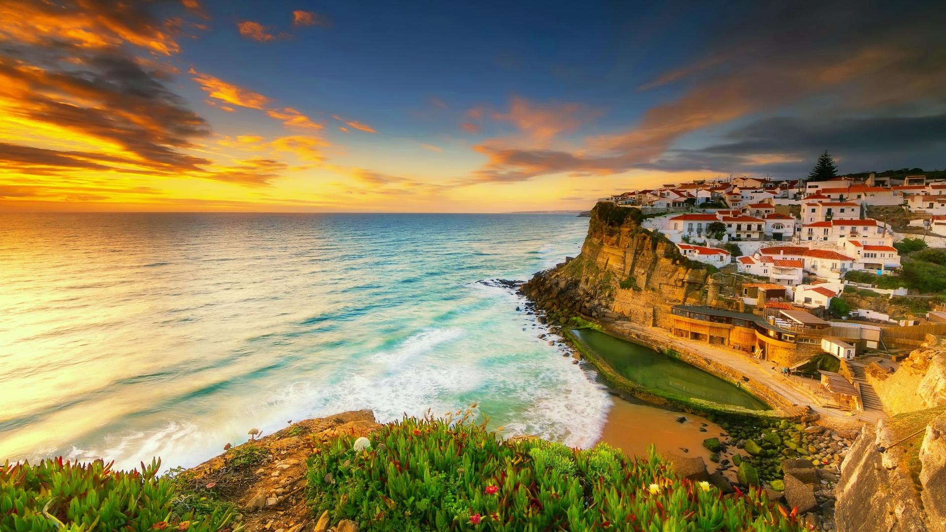 1920x1080 Wallpaper / waves, sunset, sunrise, clouds, sky, coast, sea, view, beautiful, village free download