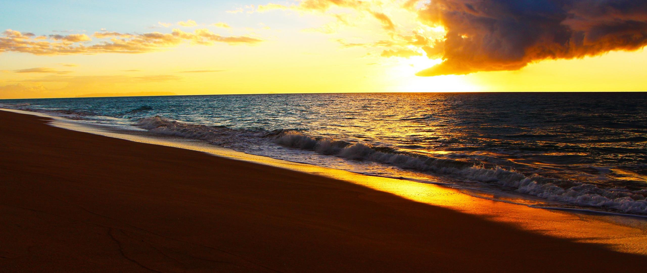 2560x1080 Download sunrise, beach, sea waves, skyline 2560x1080 wallpaper, dual wide 2560x1080 HD image, background, 5880