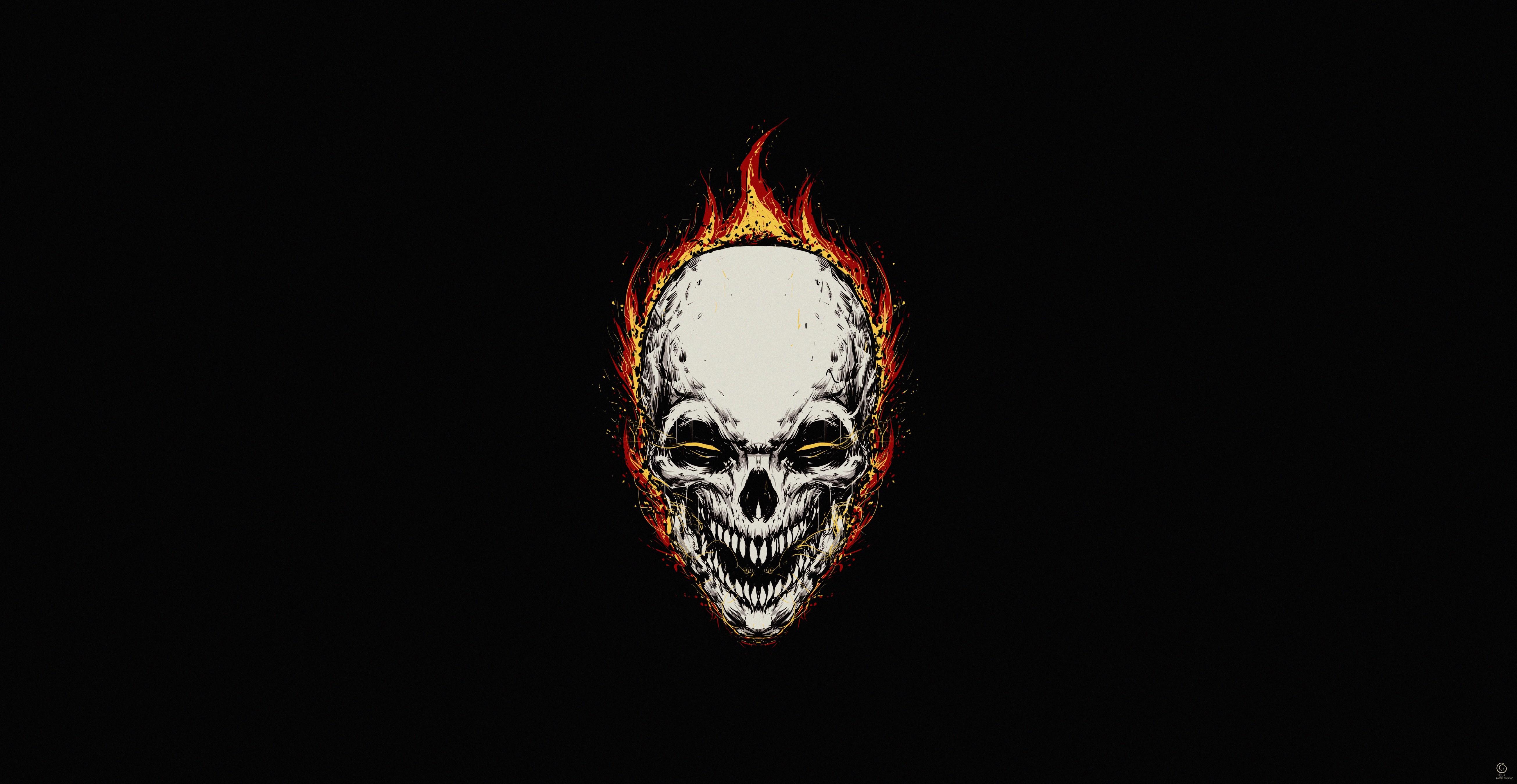5220x2700 Wallpaper / artwork, skull, fire, simple background, Ghost Rider free download