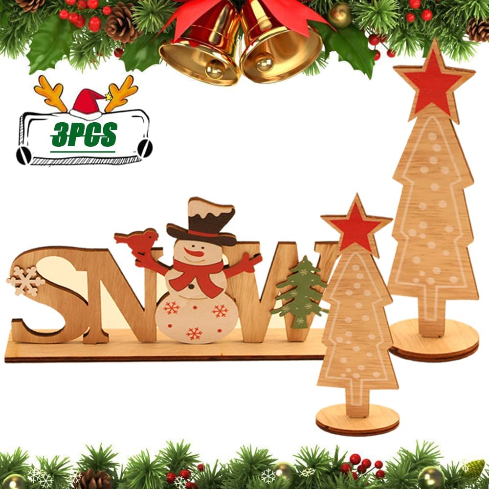 1000x1000 TWSTYFAL 3PCS Wooden Christmas Table Decorations for Dinner Party Coffee Table Snowman Santa Reindeer Noel Joy Believe Merry Christmas Happy Holidays Centerpiece Christmas Decor Gift : Home & Kitchen