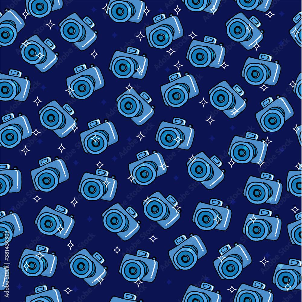 1000x1000 seamless pattern with digital camera icon isolated on blue background. hand drawn vector. modern scribble for kids, wallpaper, cover, backdrop, fabric, wrapping paper and gift. cartoon, doodle camera. Stock Vector