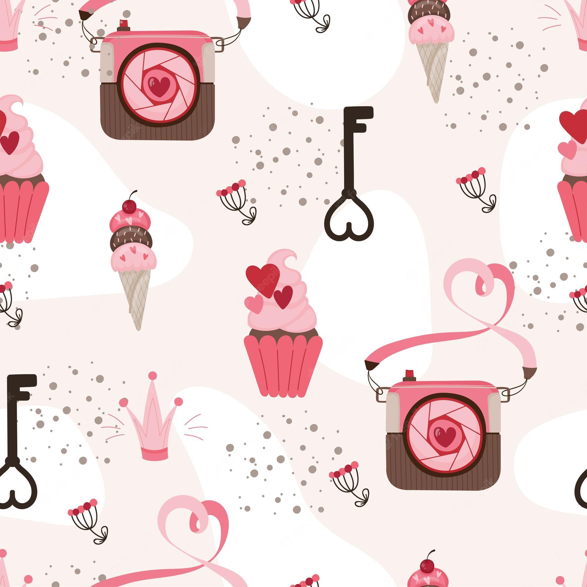 2000x2000 Premium Vector. Cute Seamless Pattern For Girls With Pink Camera, Cupcakes With Hearts, Pink Crown And Keys. Vector Hand Drawn Wallpaper In Flat Cartoon Style
