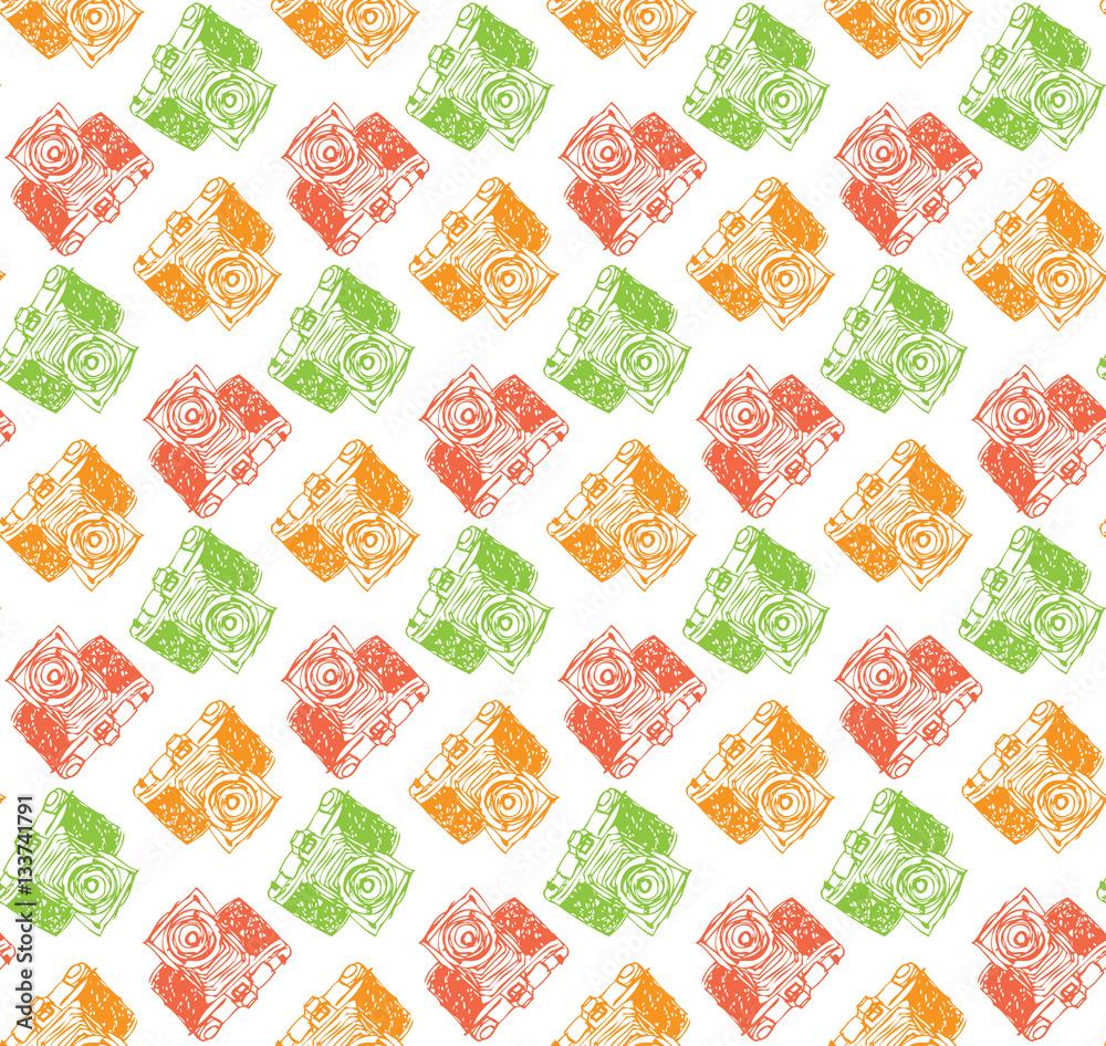 1000x946 Seamless camera wallpaper. Hand drawn retro style camera background layer. Vector illustration pattern. Stock Vector