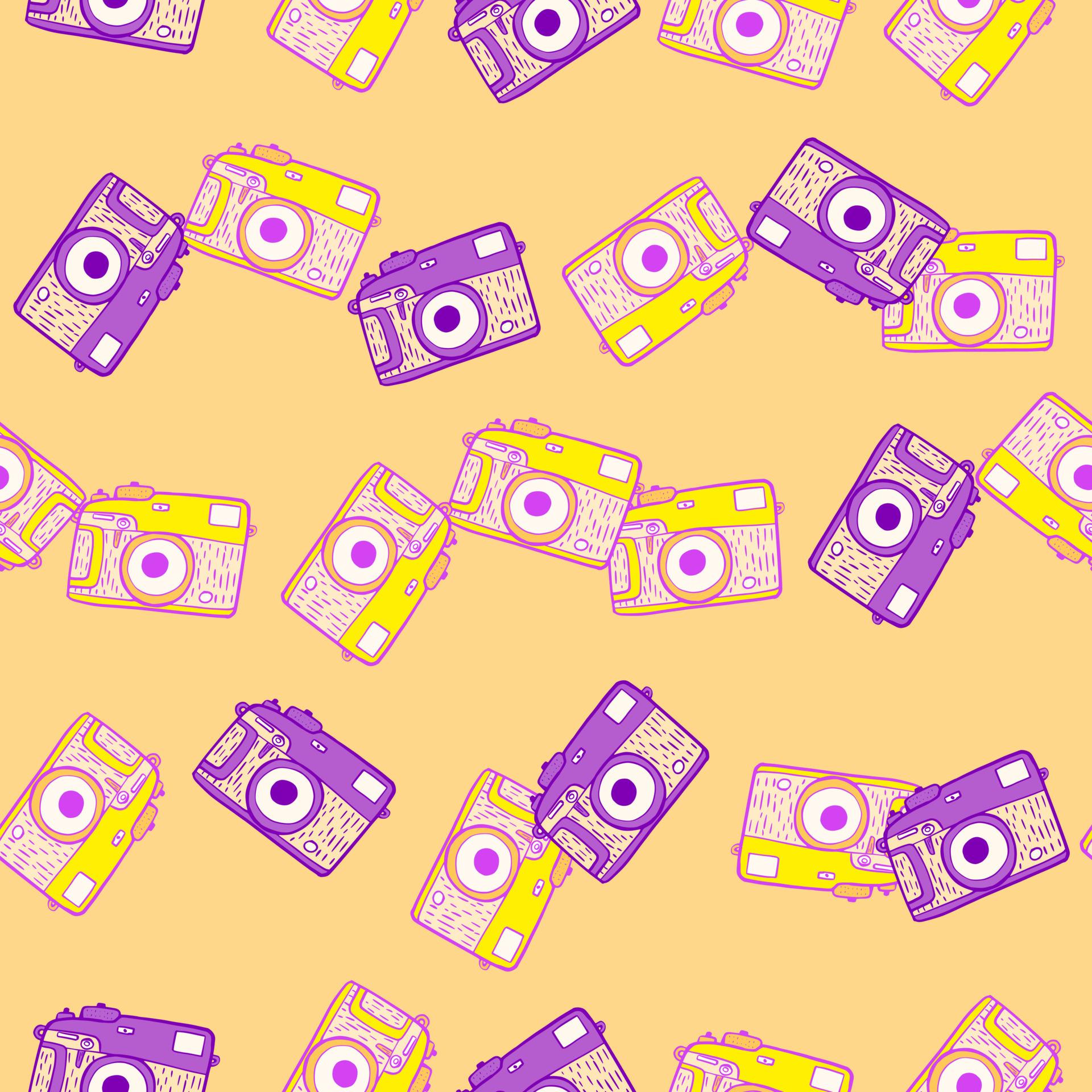 1920x1920 Photo camera vintage seamless pattern. Retro photo cameras design. Repeated texture in doodle style