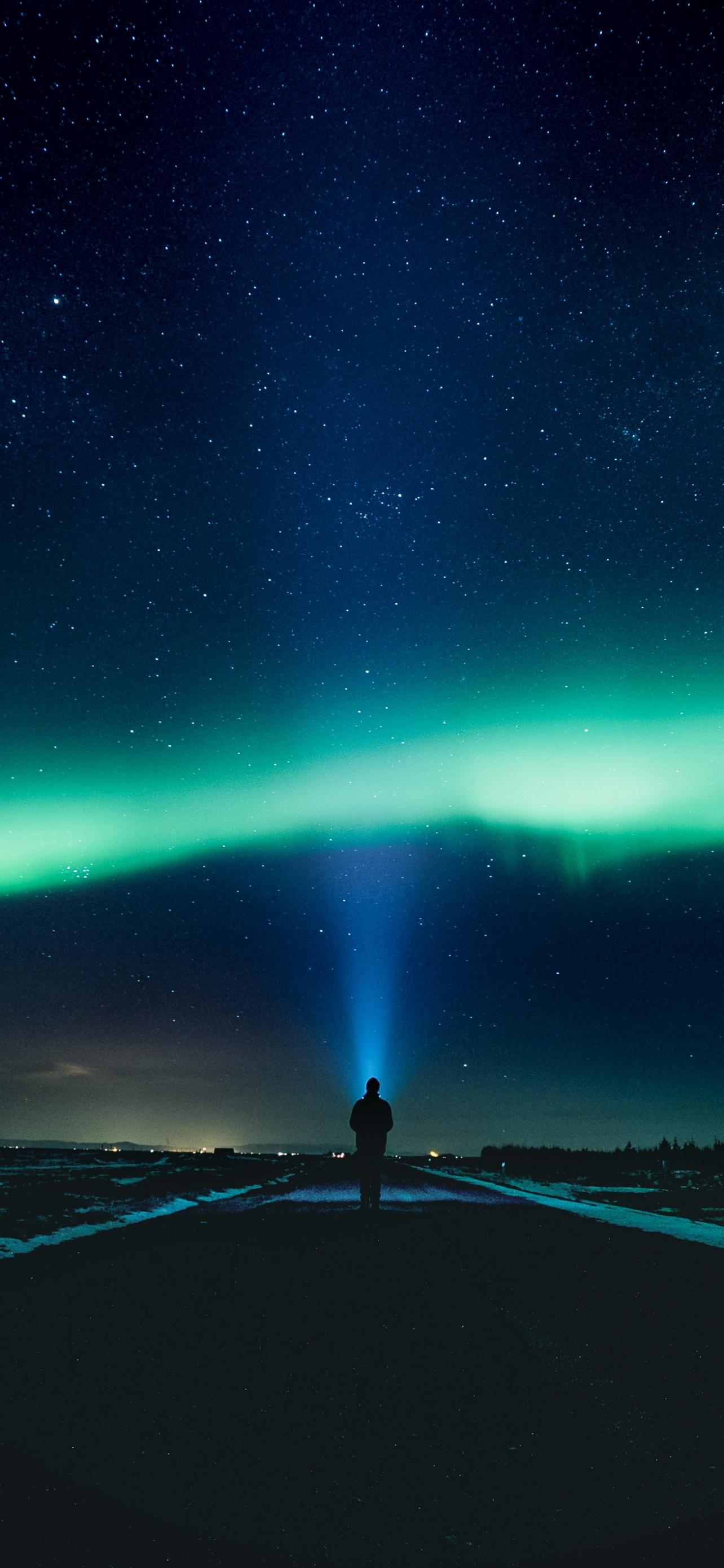 1284x2778 Aurora Borealis Wallpaper 4K, Northern Lights, Standing Man, Light beam, Nature